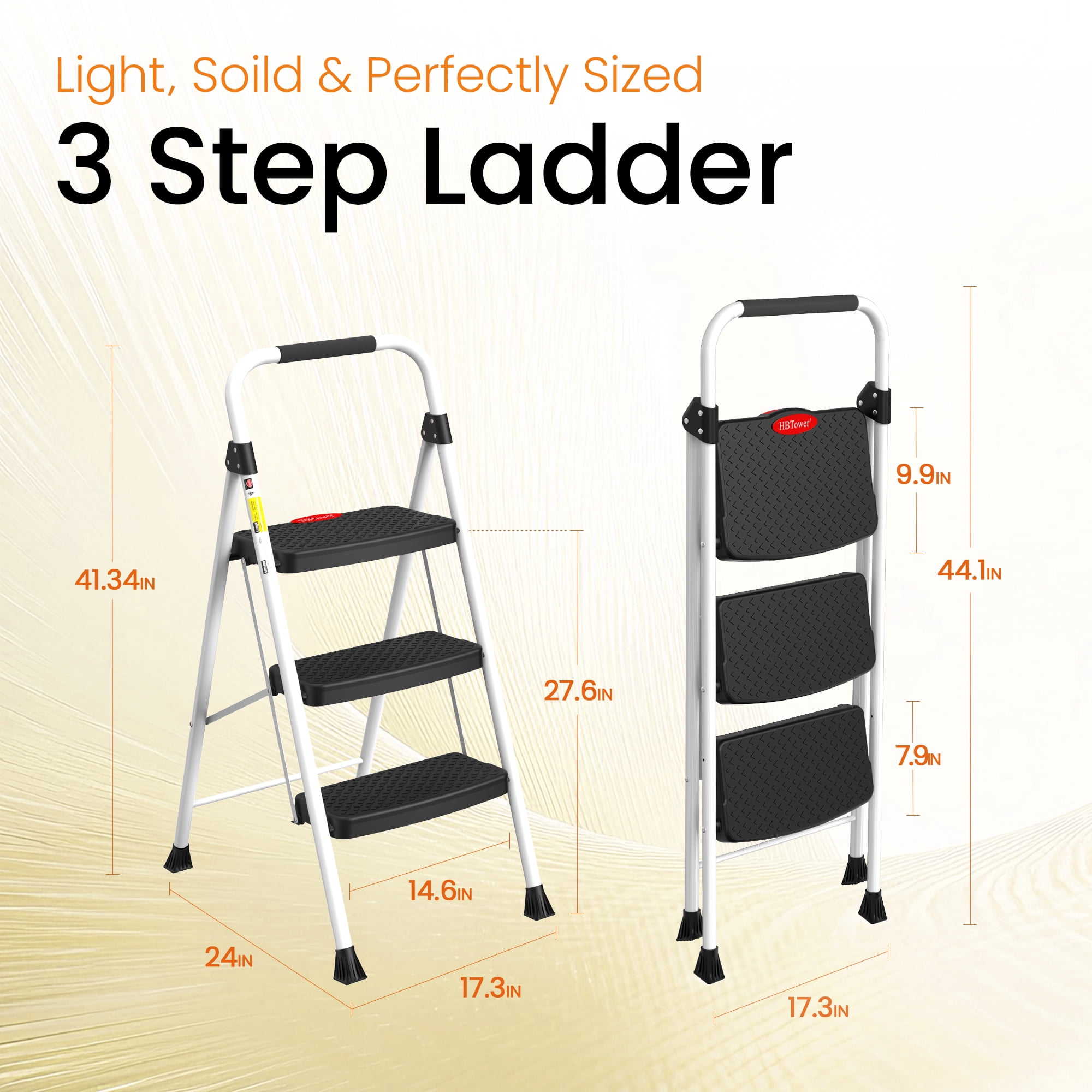 HBTower 3-Step Steel Folding Ladder with Snap-Lock (White, 330 lb Capacity) csfav