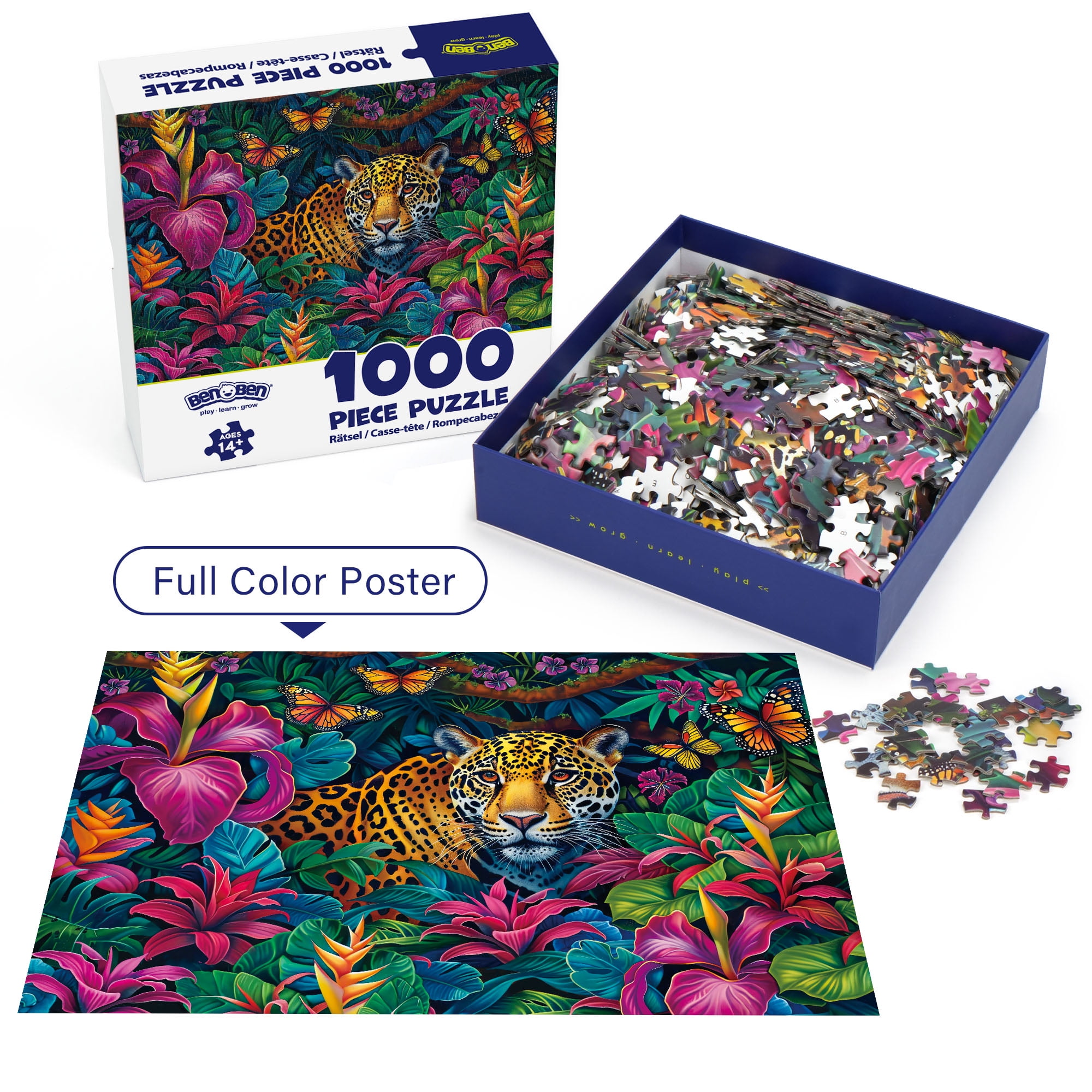 BenBen Jigsaw Puzzle for Adults, Leopard in the Jungle Theme, Premium Thick Cardboard (1000 Pieces, 27.5 x 19.7 in) bk828