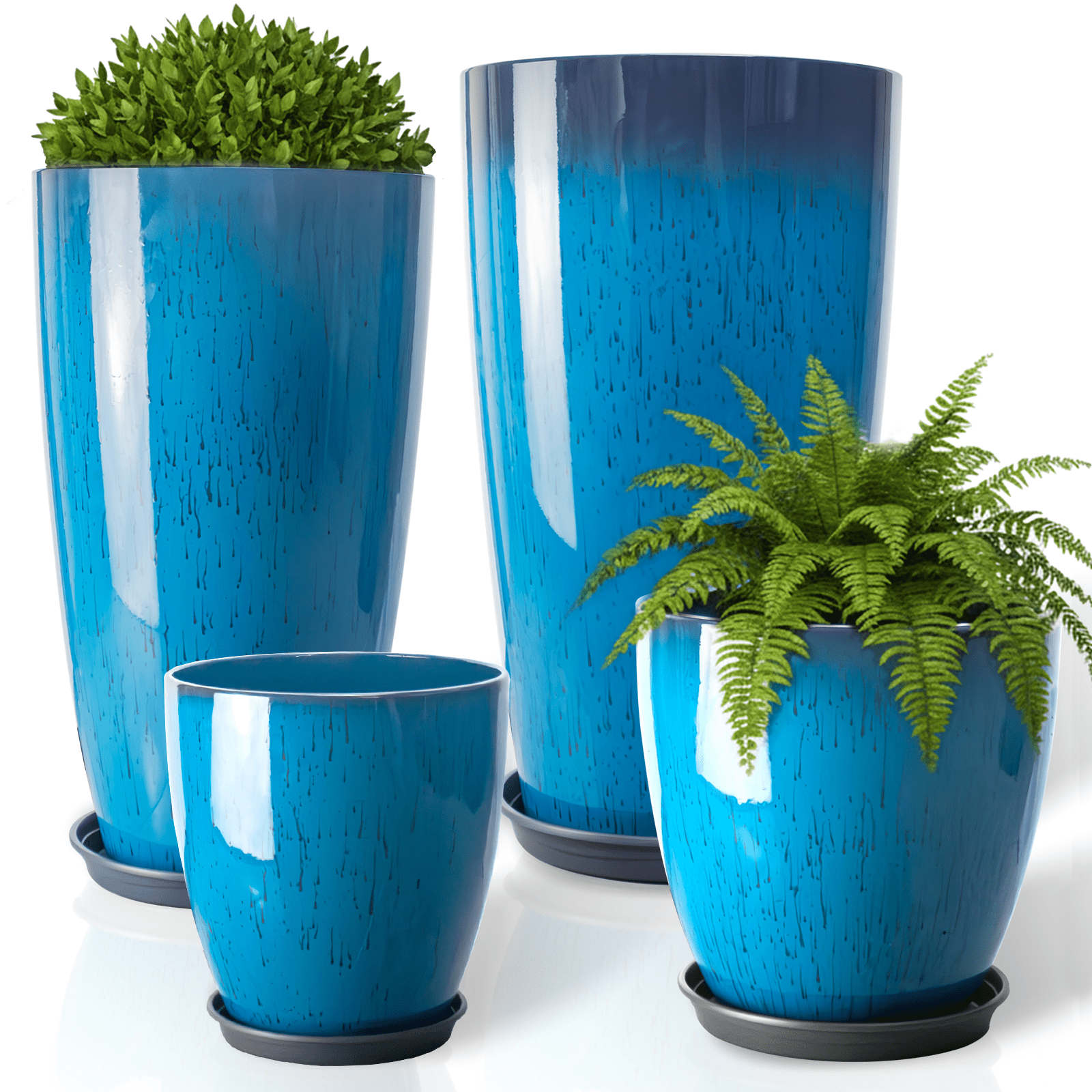 Fiason 4-Piece Tall Planter Set, Weatherproof Plastic Flower Pots with Drainage Holes and Mesh Filter (Blue, 24 in, 21 in, 12 in, 10 in) 1fcjk