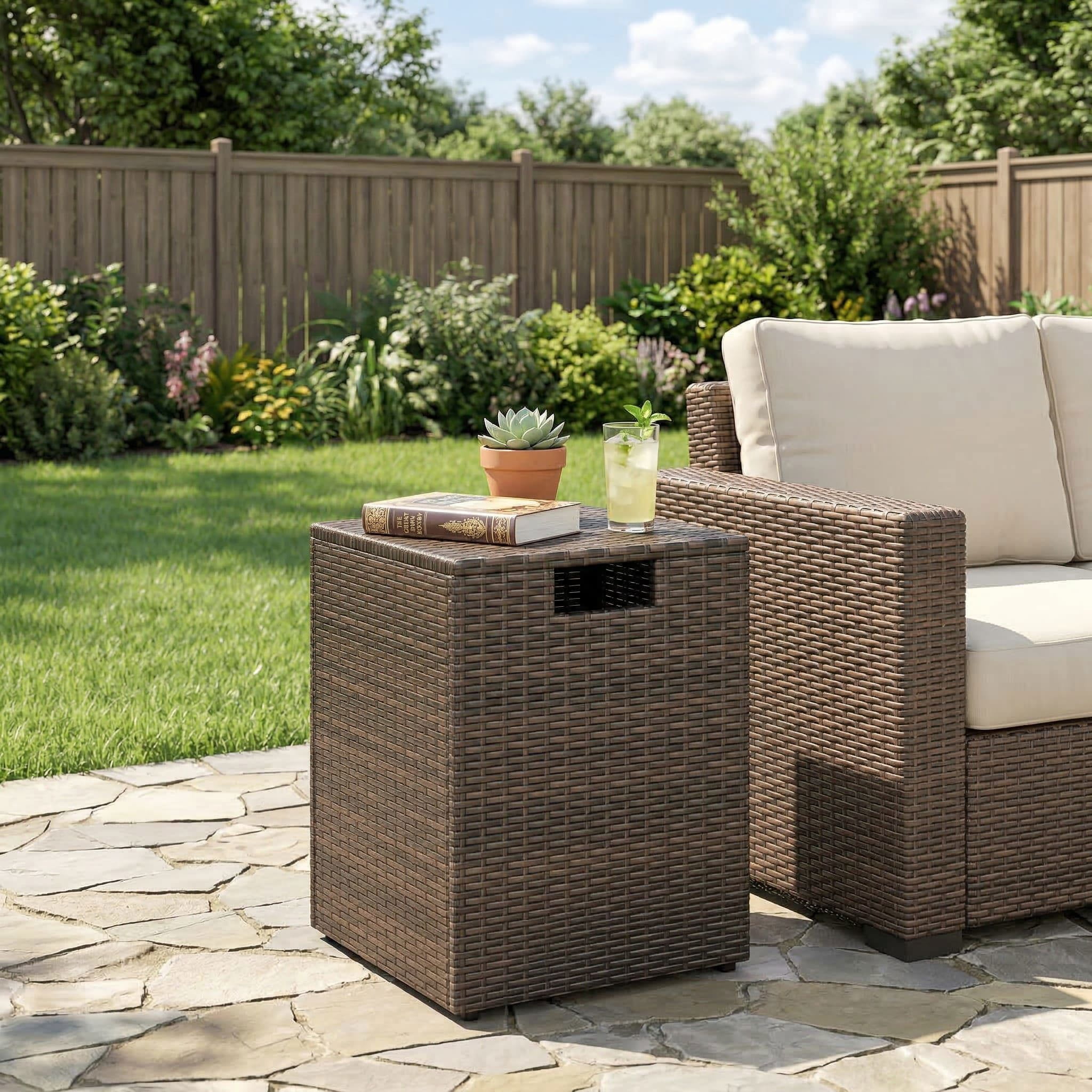 Resenkose Handwoven Rattan Propane Tank Cover, 2-in-1 Patio Side Table for 20 lb Gas Tank (Brown) 1oej1
