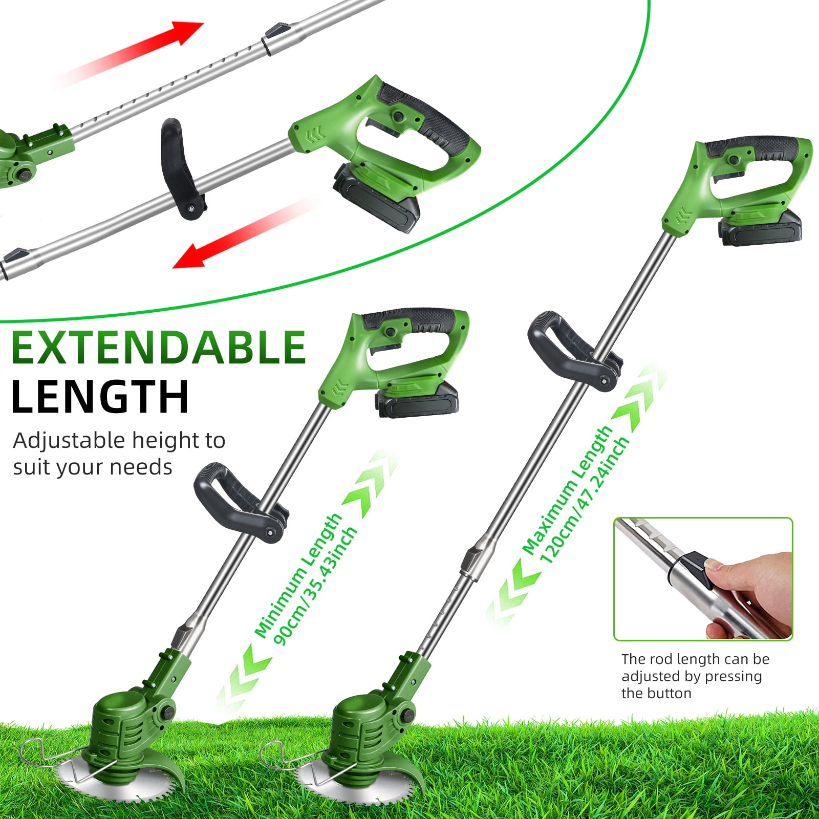 ZLieatmp Cordless Electric Lawn Mower and Weed Trimmer with 2 Batteries and 5 Blade Types (Green, 33-47 in) thukj