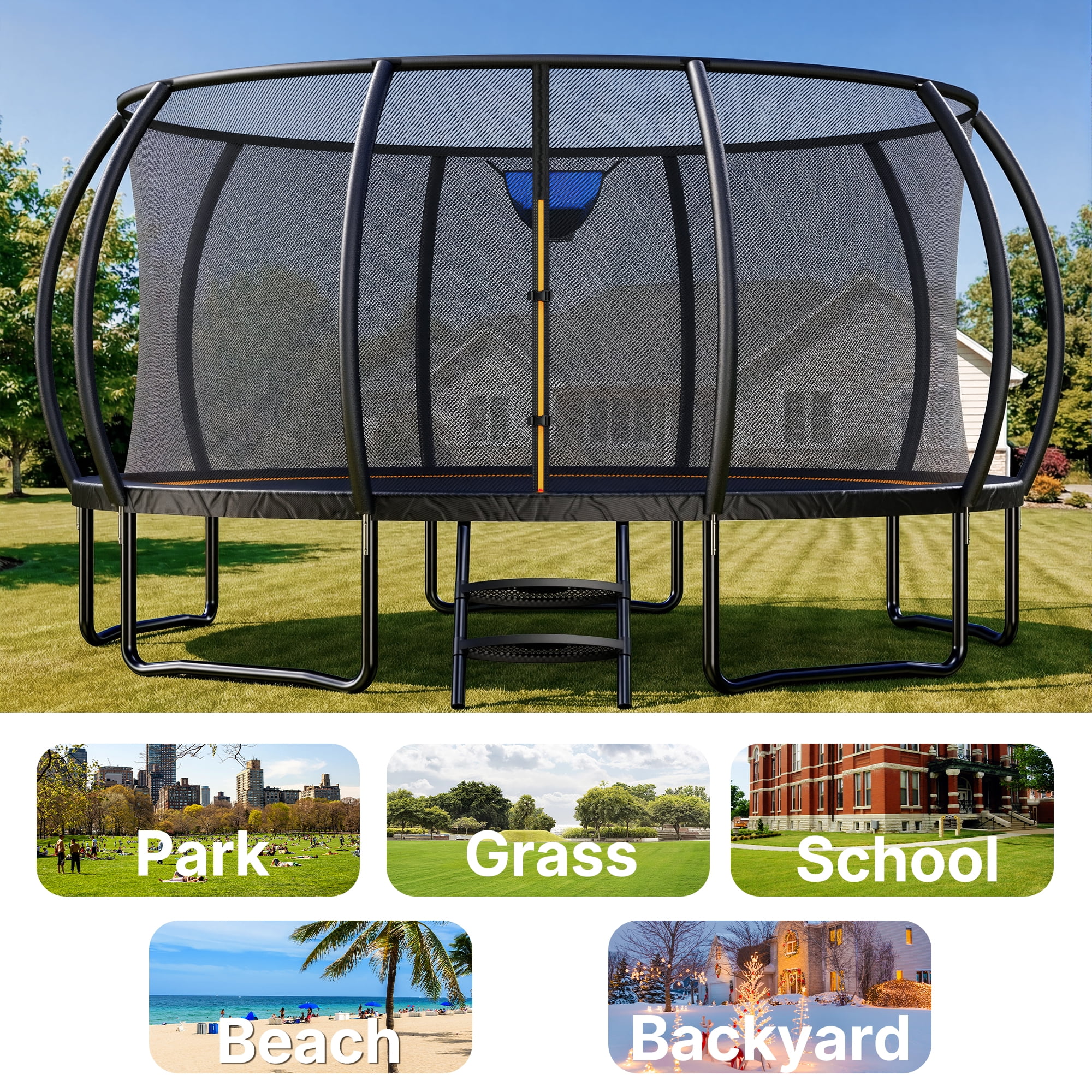 MERACH 14ft Pumpkin Outdoor Trampoline with Safety Enclosure Net, Basketball Hoop & Ladder (14 ft) kqwqo