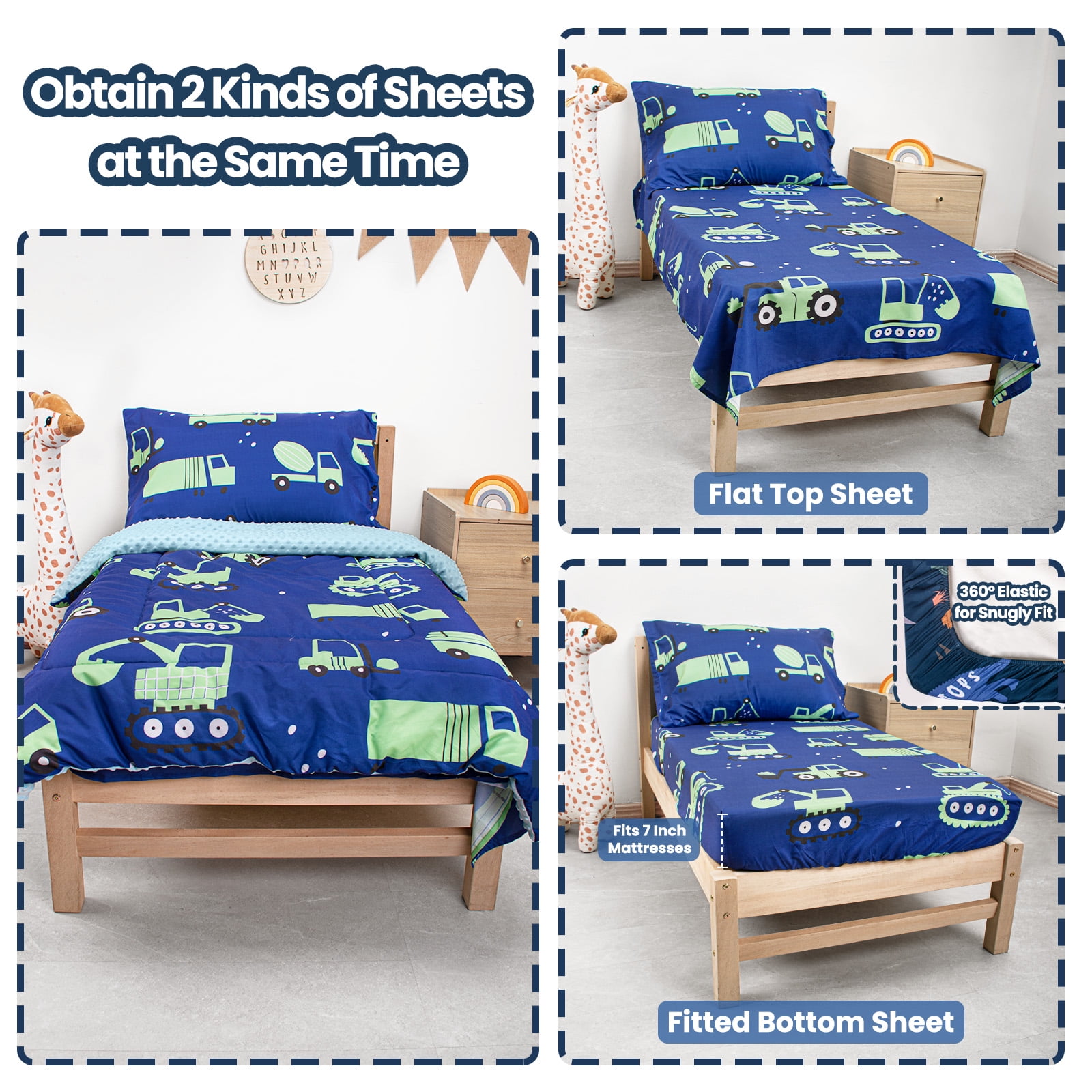 Beavtaens 4-Piece Toddler Bedding Set, Soft Breathable Comforter and Sheet Set for Boys (Green Cars, 4-Piece Set) hnq6k