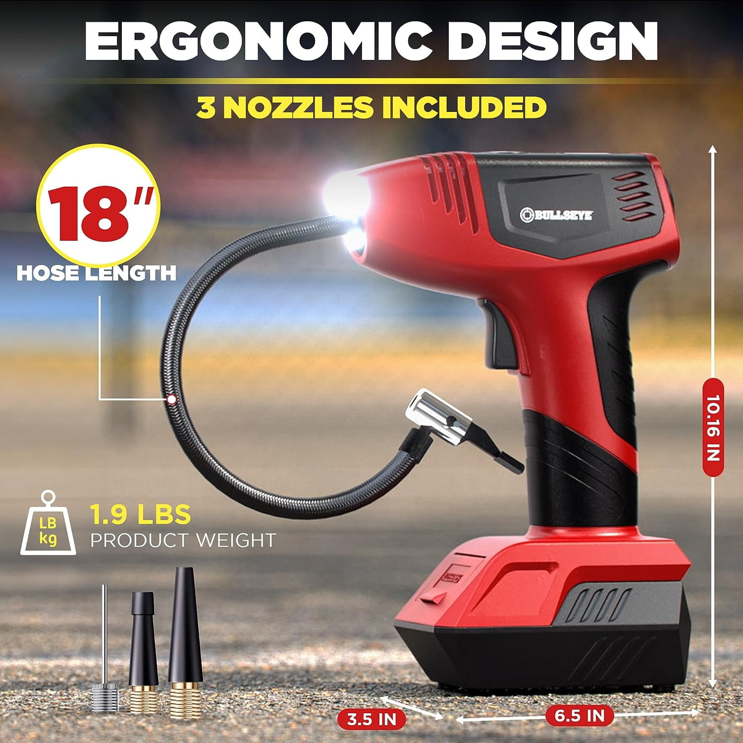 Bullseye Pro Portable Tire Inflator 150 PSI Electric Air Compressor (Red, 18 in Hose) c0k35