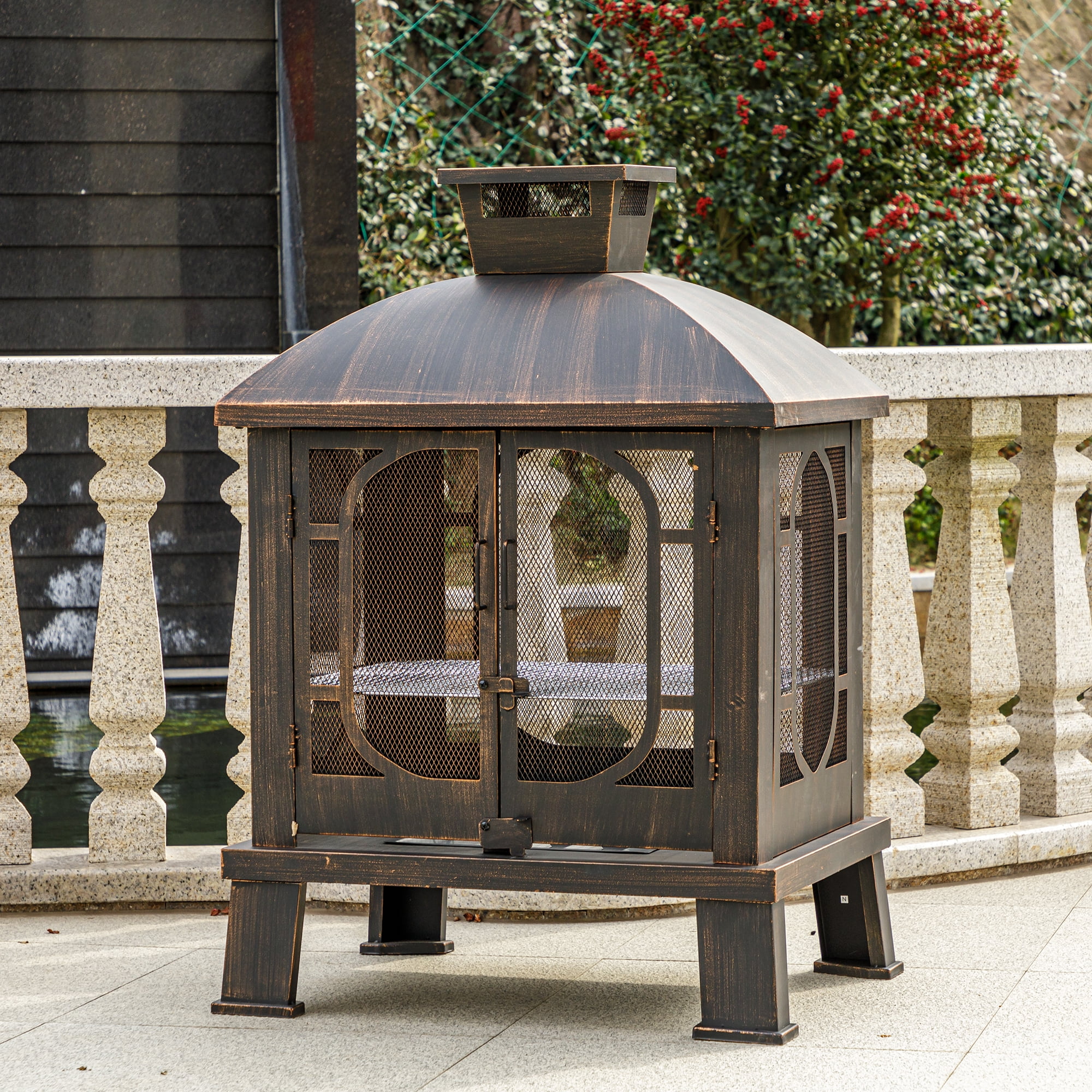 MistMo Metal Outdoor Fire Pit with BBQ Grill, Wood Burning Fireplace for Backyard (Antique Bronze, 45 in) f3j0l