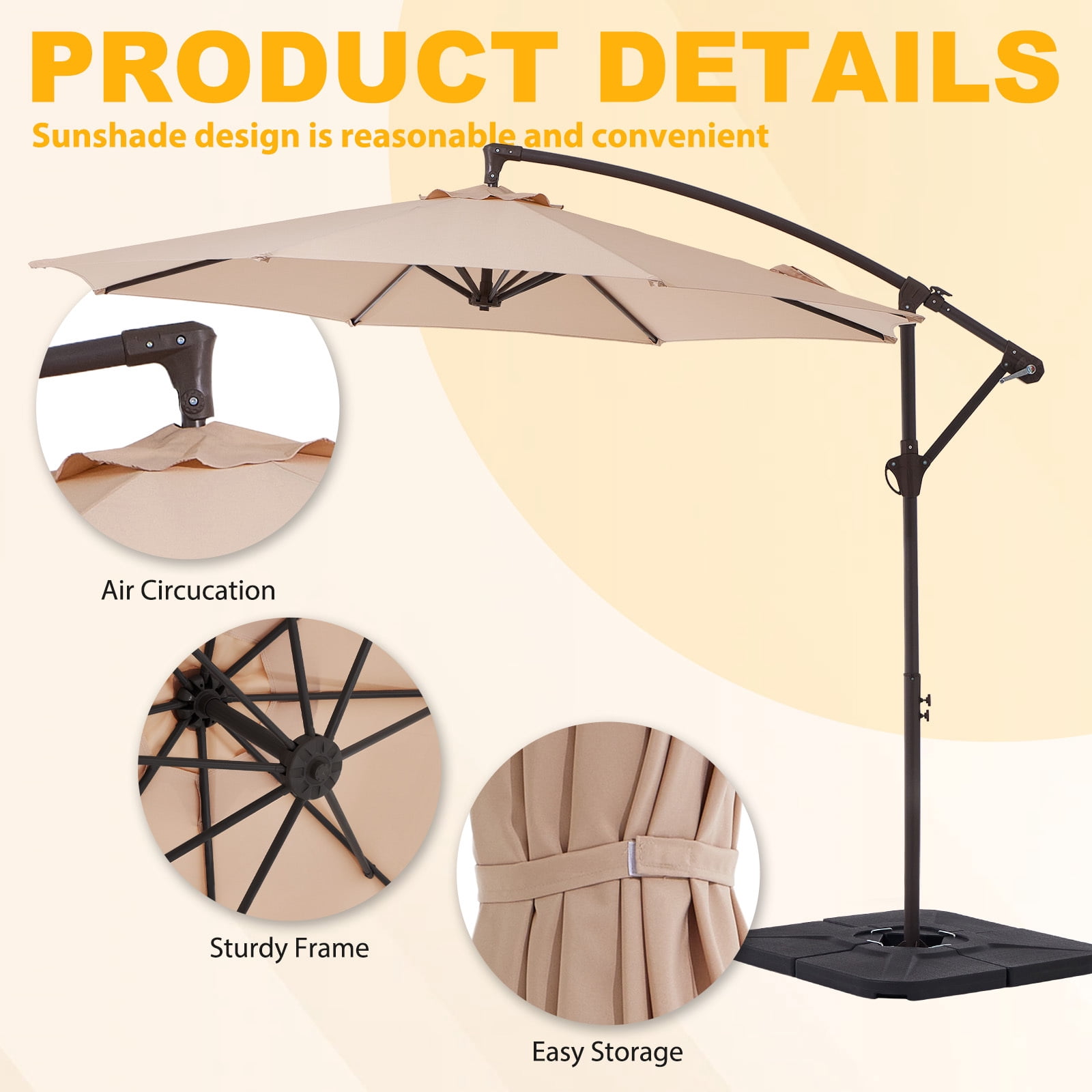 FUNDAZE 10ft Patio Umbrella, Hanging Cantilever Offset Outdoor Umbrella with Adjustable Tilt (Beige, 10 ft) 2inkq