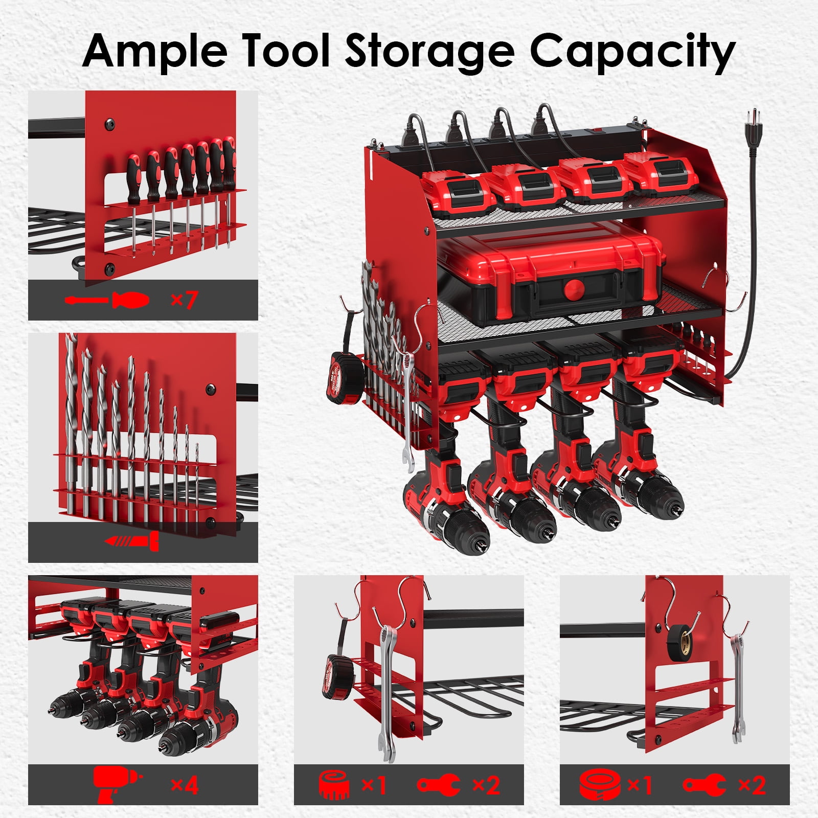 TLGREEN Power Tool Organizer Wall Mount with Charging Station (Red, 16.3 in x 9.1 in x 12 in) jslkt