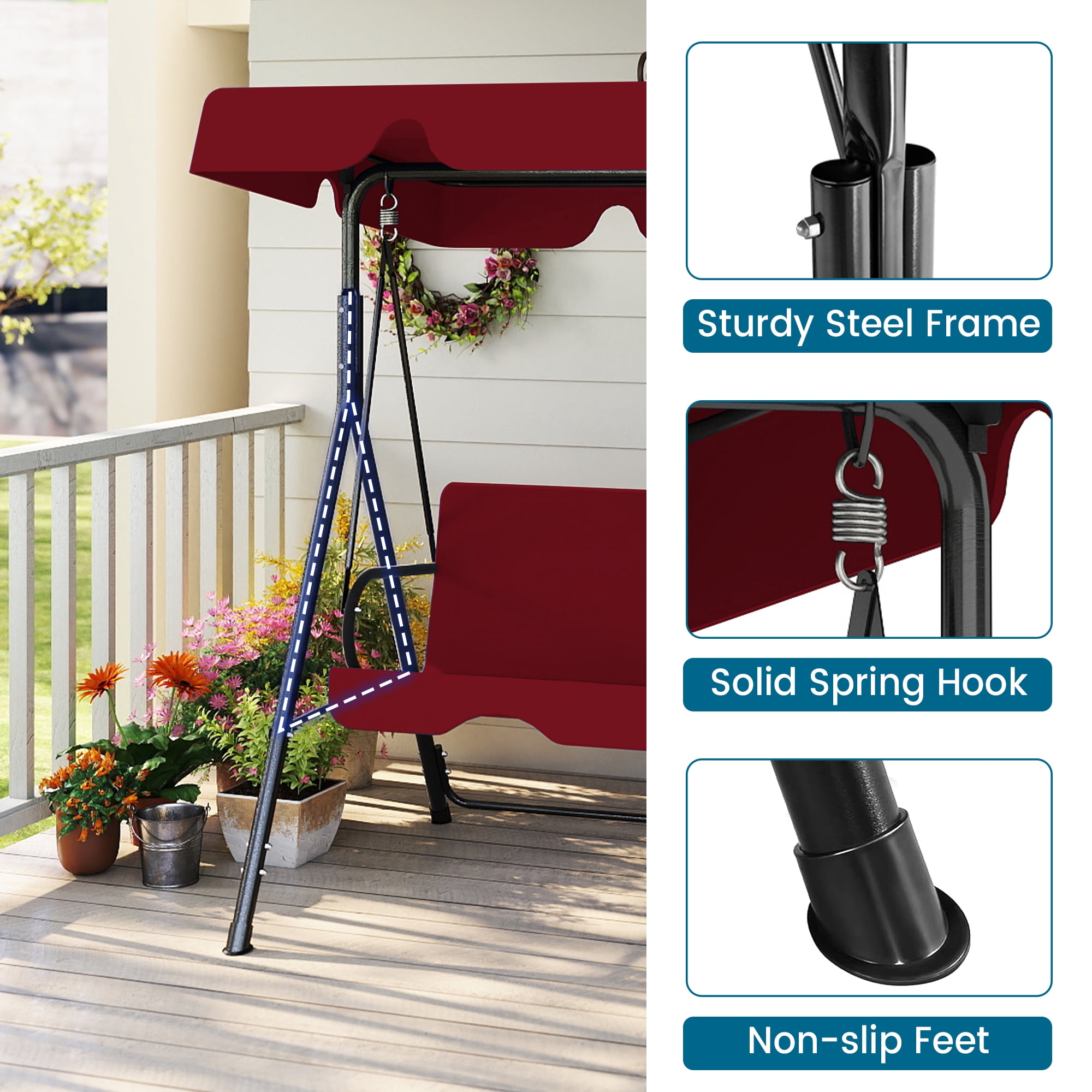 Skandiquip 3-Seater Outdoor Porch Swing with Adjustable Canopy, Heavy-Duty Steel Patio Glider (Red, 500 lb Capacity) gwyjv