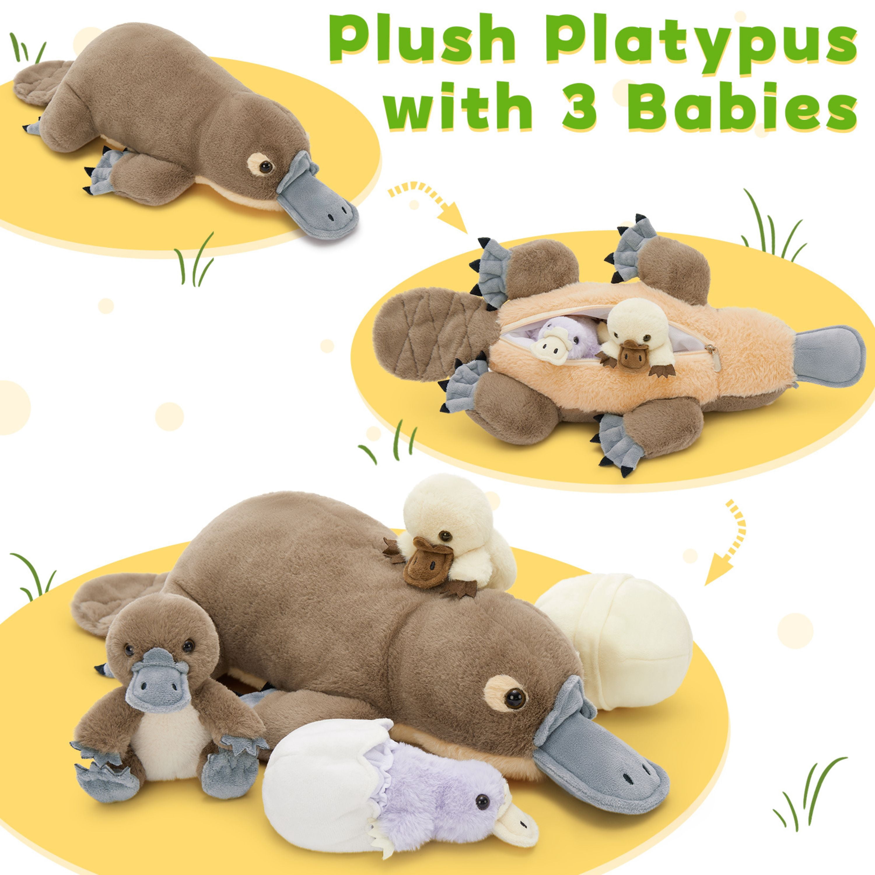 Muiteiur Giant Platypus Stuffed Animal Interactive Plush Toy Set with 3 Babies and 2 Eggshells (Grey, 21.7 in) smqme