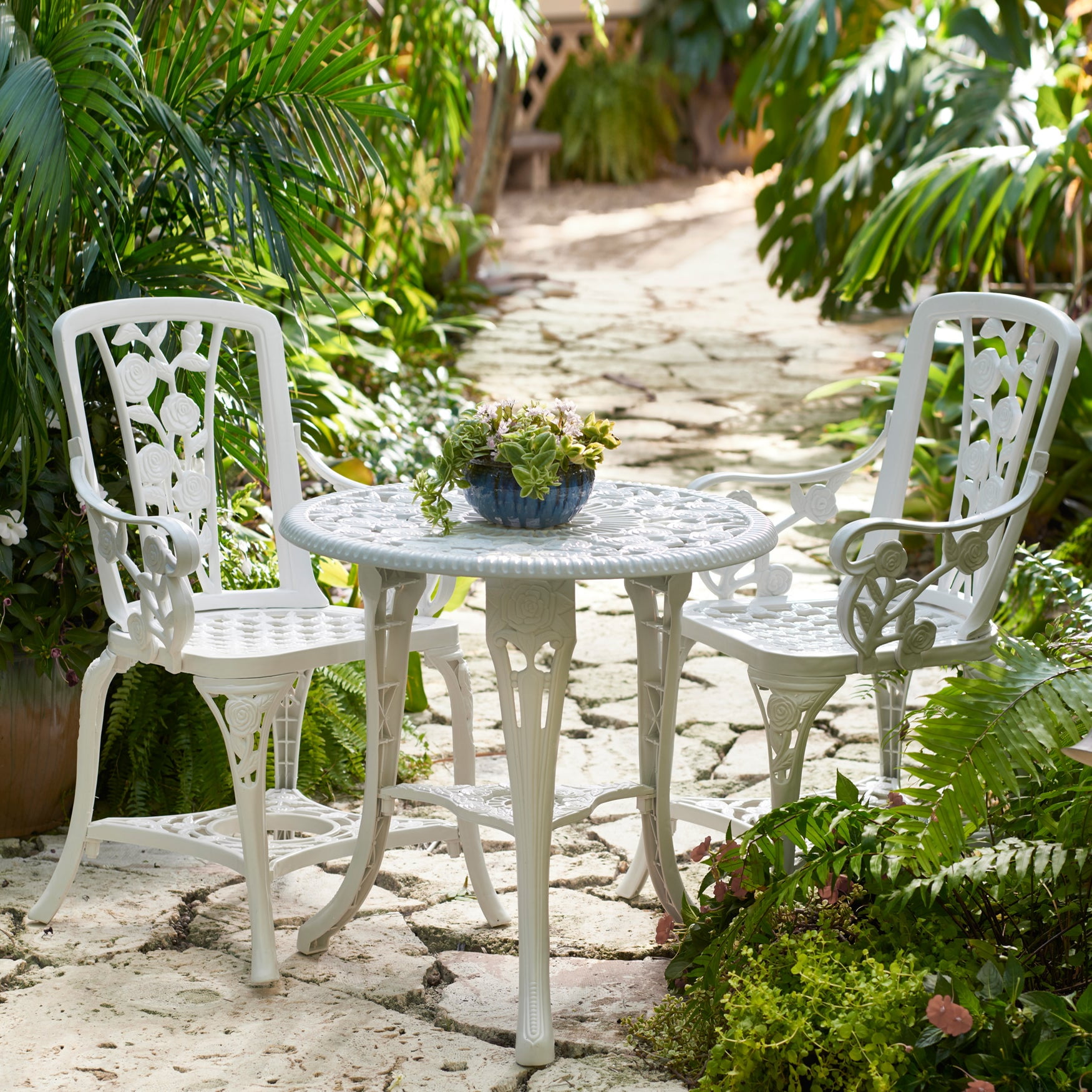 BrylaneHome 3 Piece Rose Bistro Set, All-Weather Outdoor Table and Chairs with Umbrella Hole (White) uwko2