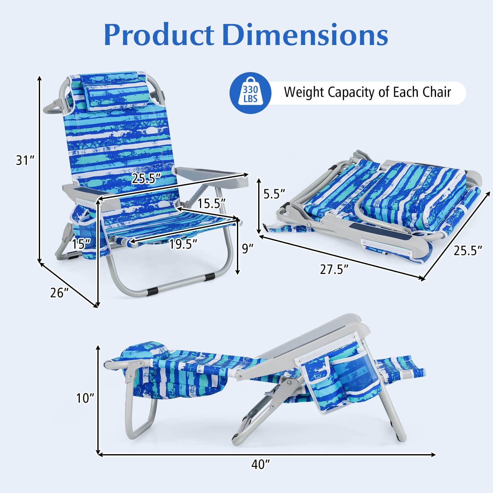Costway 2-Piece Folding Beach Chair Set Lightweight Aluminum Camping Chair with Storage (Navy, 2-Pack) 11wsf