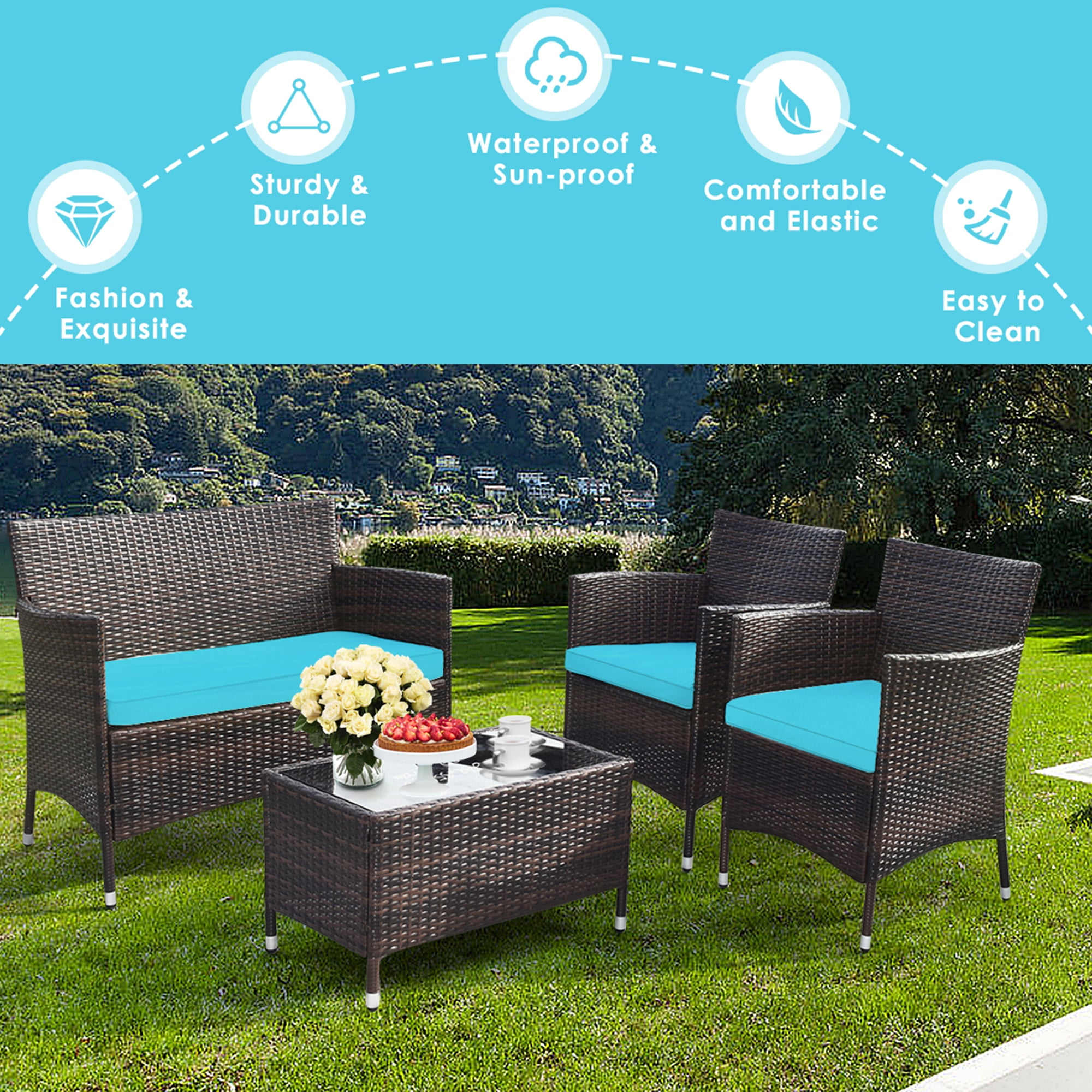 Gymax 4-Piece Patio Rattan Conversation Furniture Set with Turquoise Cushions (Outdoor/Indoor) 572c2