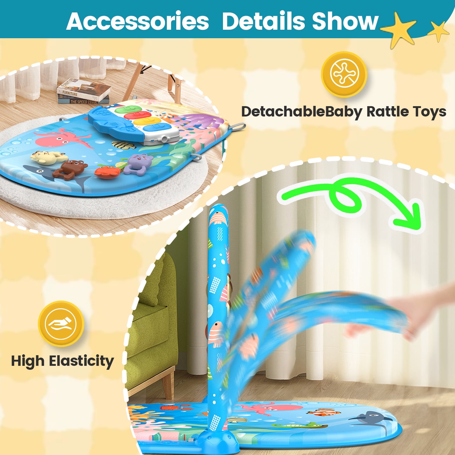 WonderStone 2-in-1 Baby Gym Playmat and Tummy Time Water Mat with Sensory Toys and Musical Piano (Blue, 27.5 x 20 in) 08zyo