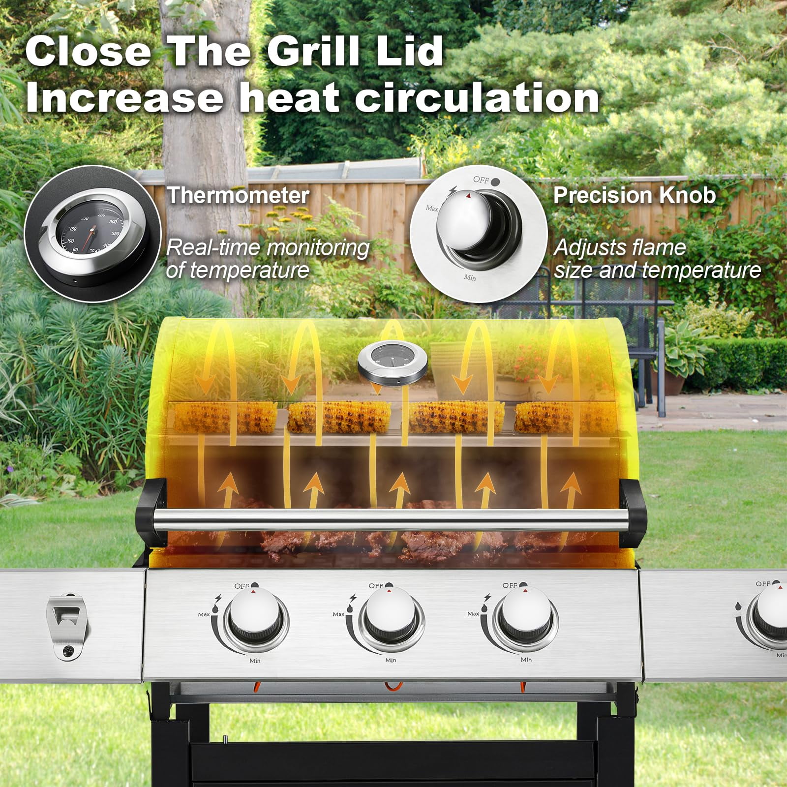 MELLCOM 3-Burner Propane Gas Grill with Side Stove and Cast Iron Grates (Black, 43.3 in x 18.9 in x 43.3 in) aifg2