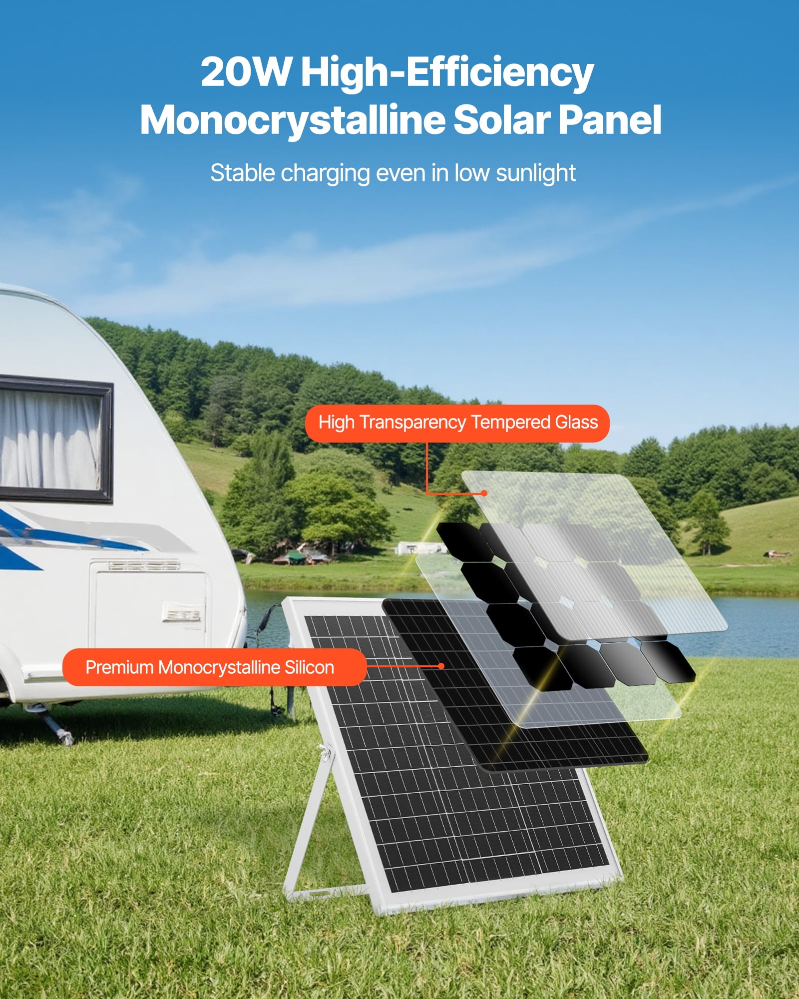 VEVOR 20W 12V Solar Panel Battery Trickle Charger Maintainer with MPPT Controller and Adjustable Mount (Black, 20 Watt) 4spdj - Image 2
