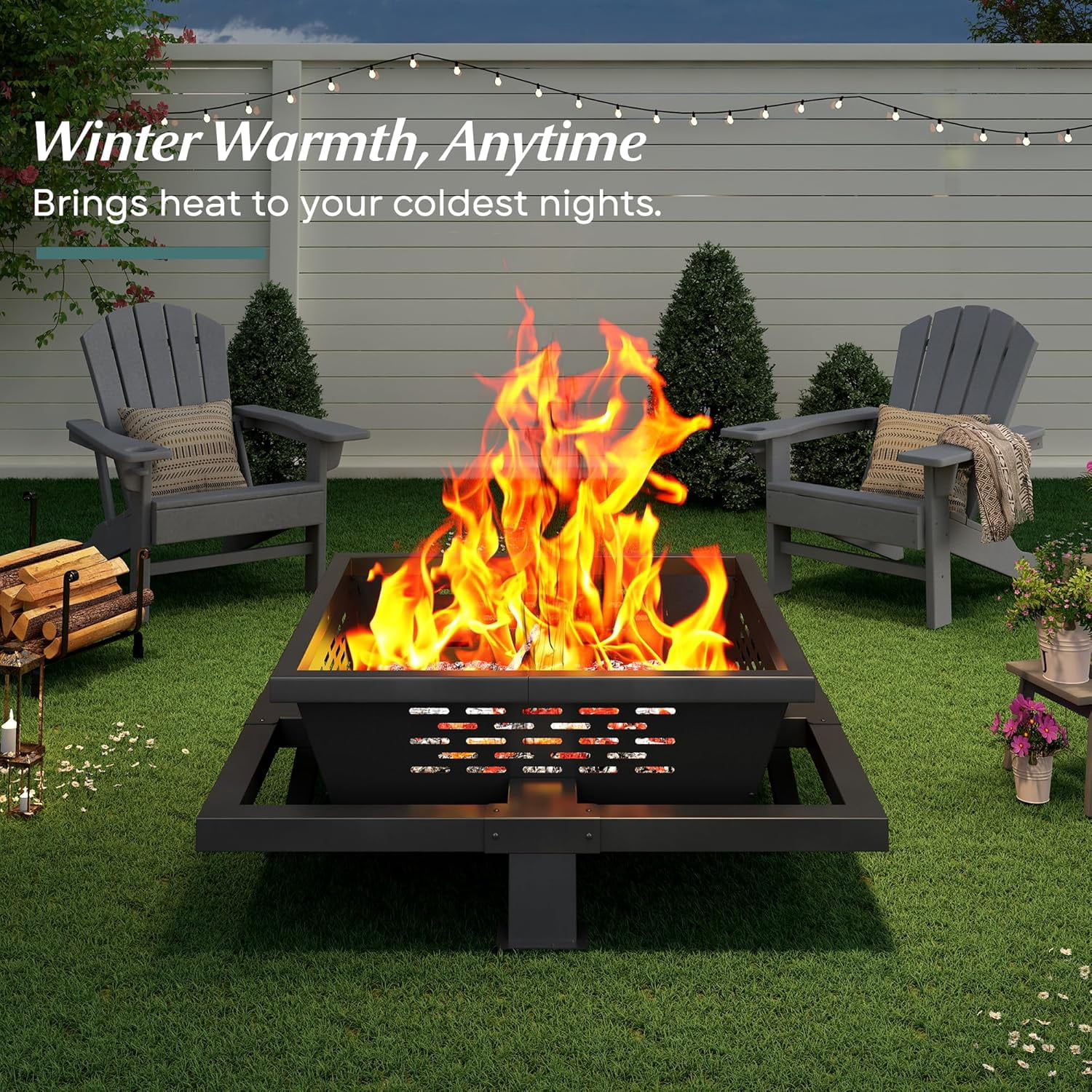 Auhilence Square Wood Burning Fire Pit for Outdoor Patio and Backyard (Black, 36 in) m1gdv