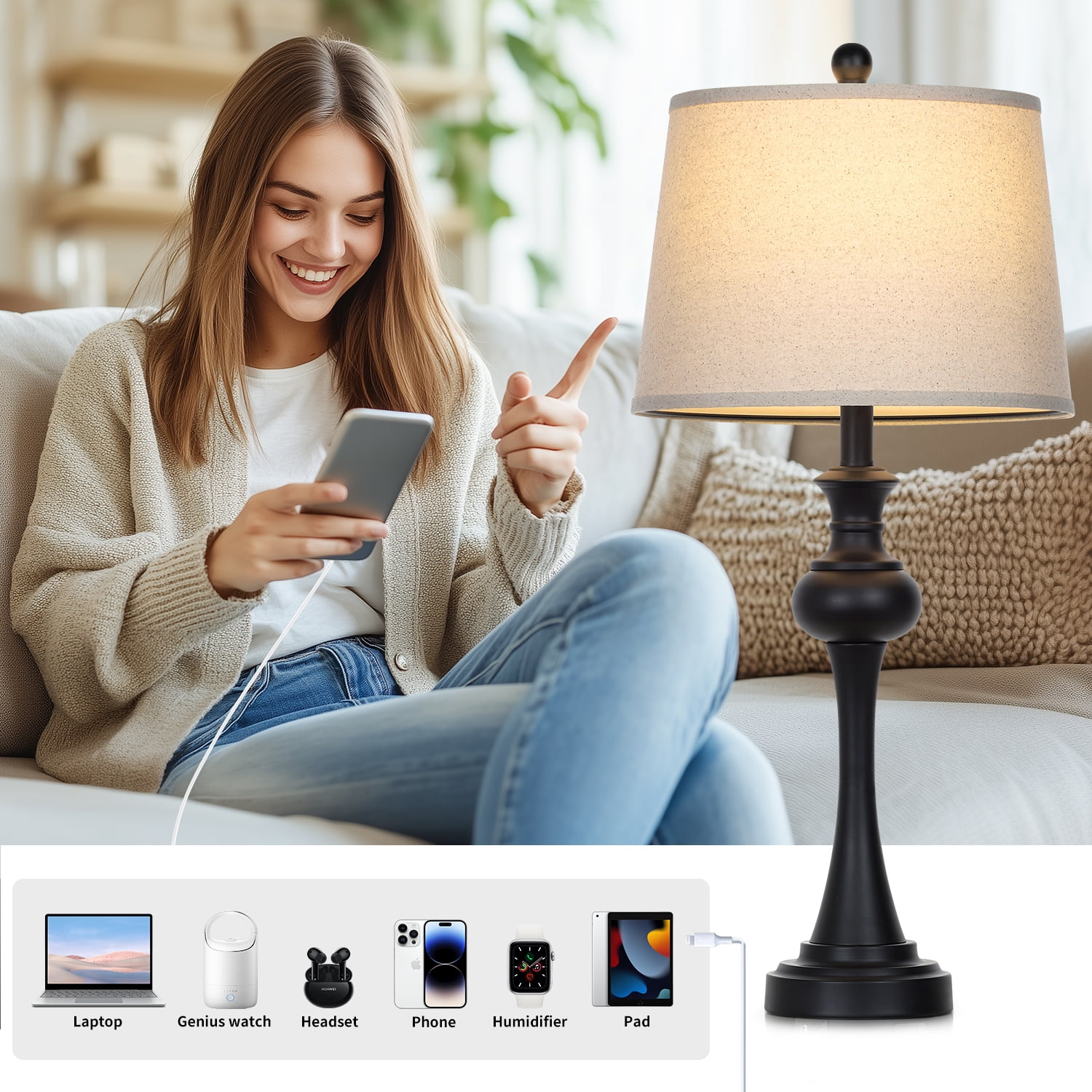 Cinkeda 3-Way Dimmable Industrial Table Lamp Set (28 in, Black, Set of 2) vx737
