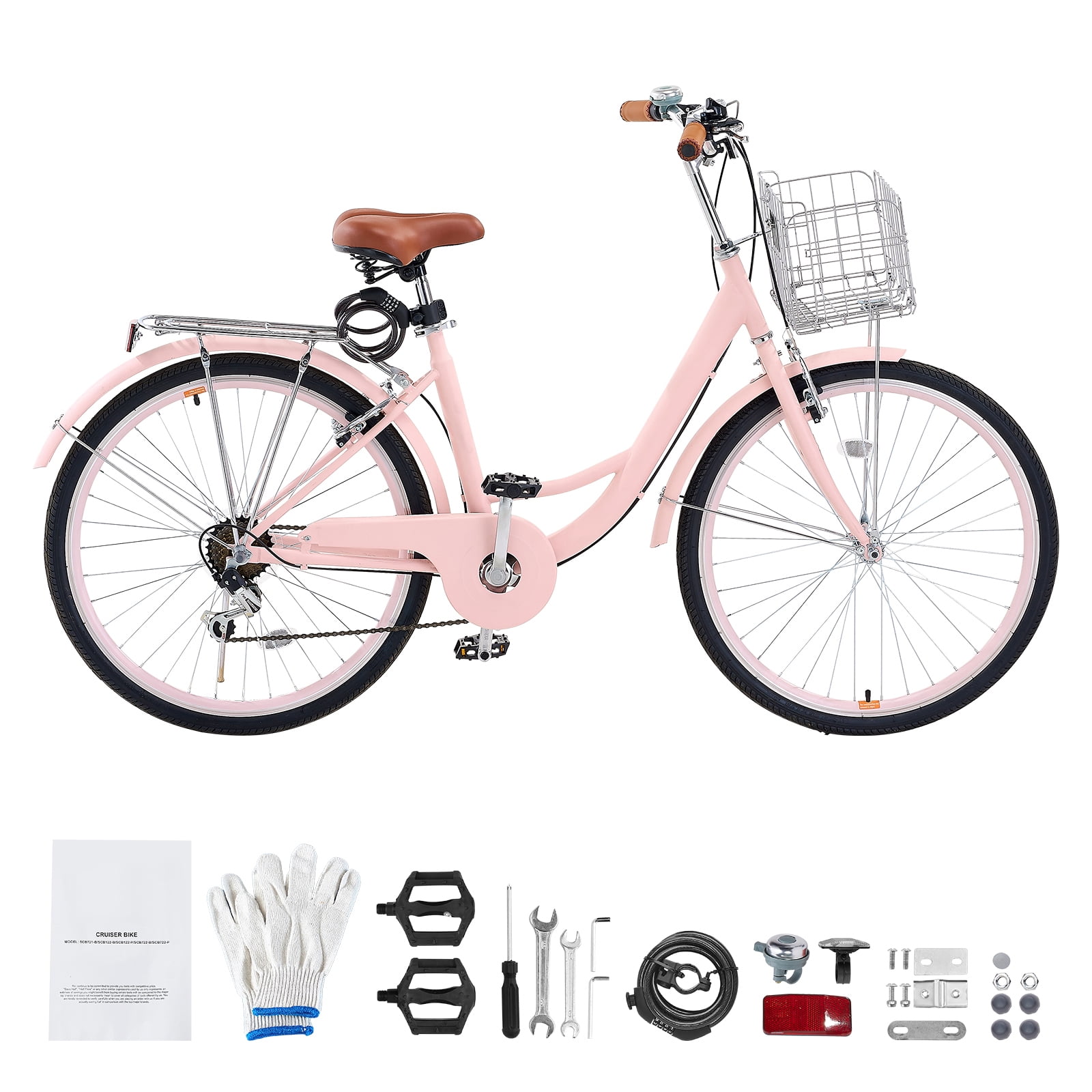 KFFKFF 26 in Cruiser Bike, 7-Speed Beach Bicycle with Basket and Rear Rack, Carbon Steel Frame for Adults (Rose-Tinted, 26 in) txqv8