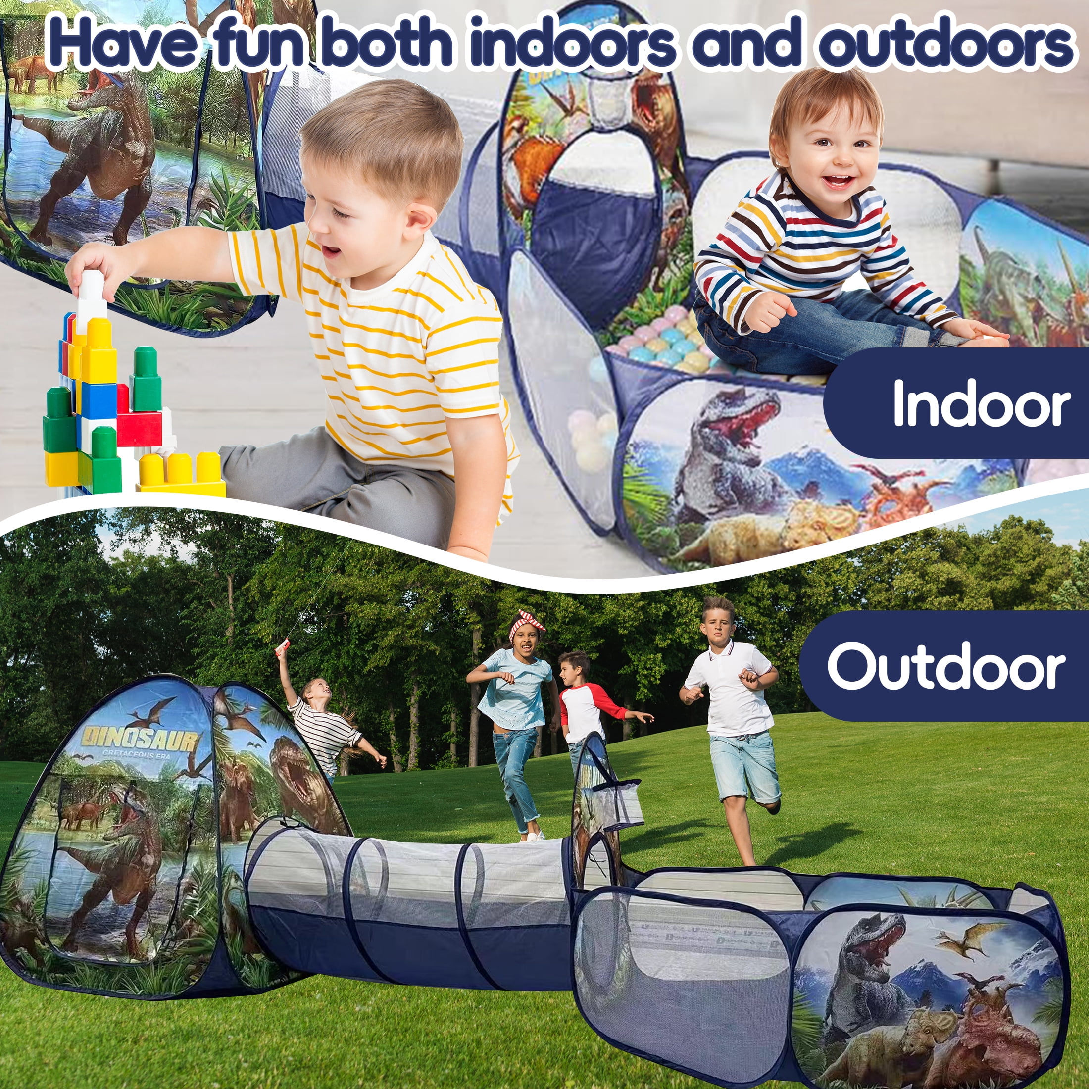 KOPPOP 3-in-1 Dinosaur Play Tent Set with Tunnel and Ball Pit for Indoor and Outdoor Use (Blue) viezn