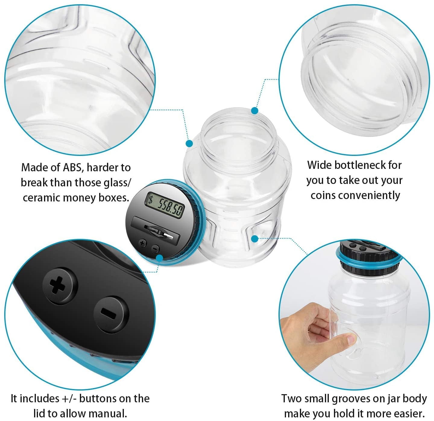 QISHI Digital Piggy Bank with LCD Coin Counter, Large Capacity Savings Jar for US Coins (Blue, 1.8 L) vikqj