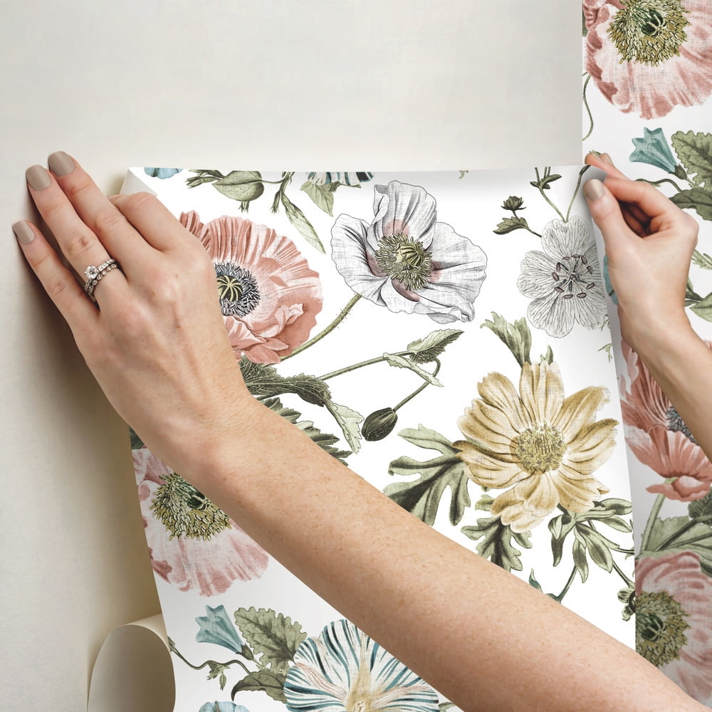 RoomMates Vintage Poppy Peel & Stick Wallpaper Removable Floral Wall Decor (Pink, 30.75 sq ft) loo51