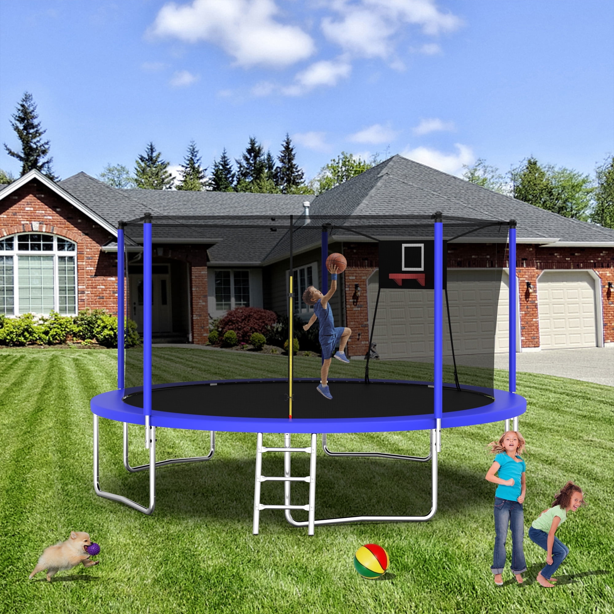 Segmart 14 ft Round Outdoor Trampoline with Enclosure, Basketball Hoop, and Ladder (Blue, 14 ft) ufxpn