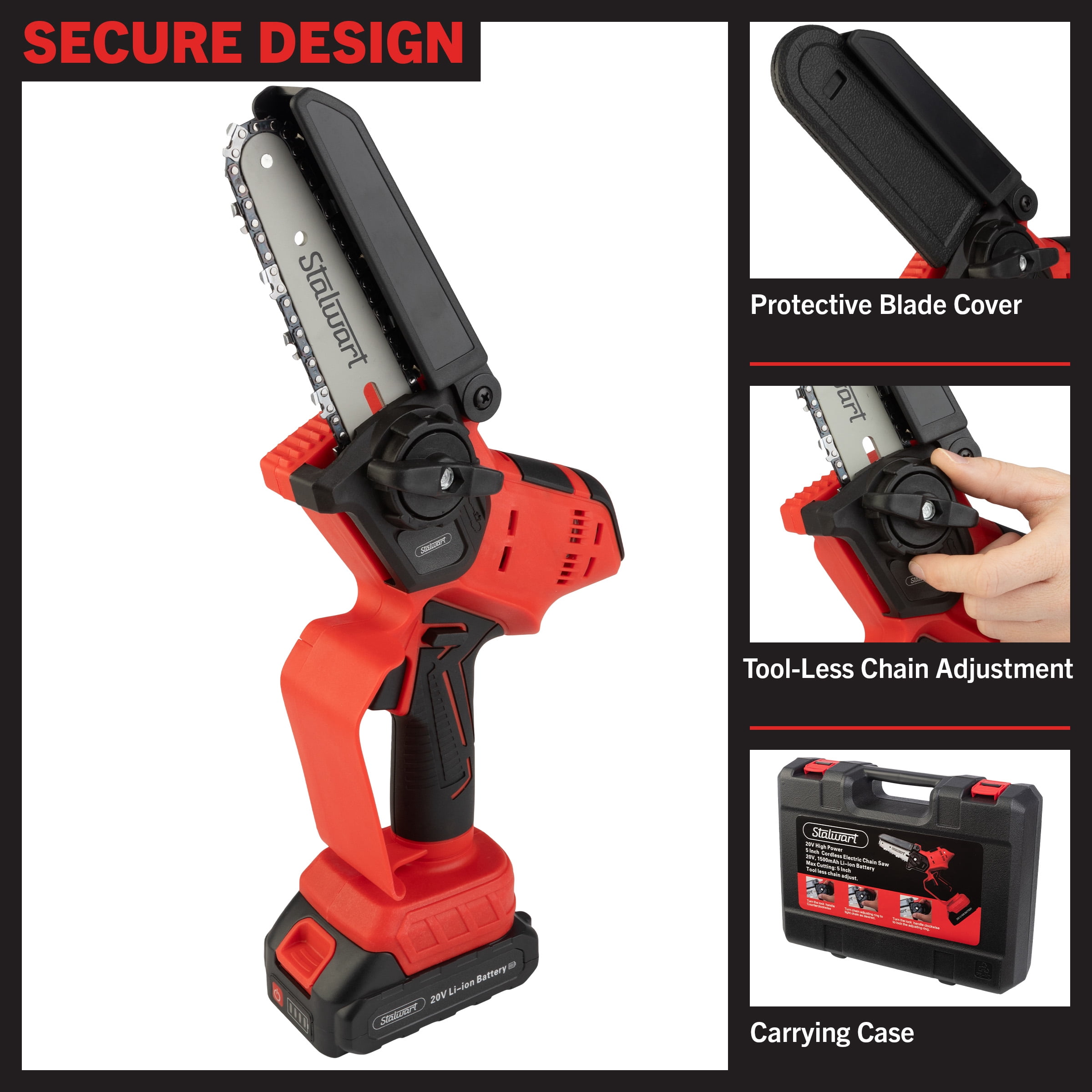 Stalwart 5-Inch Mini Chainsaw, Cordless Electric Power Tool with 20V Lithium Ion Battery (Red, 5.29 lb) 1478j
