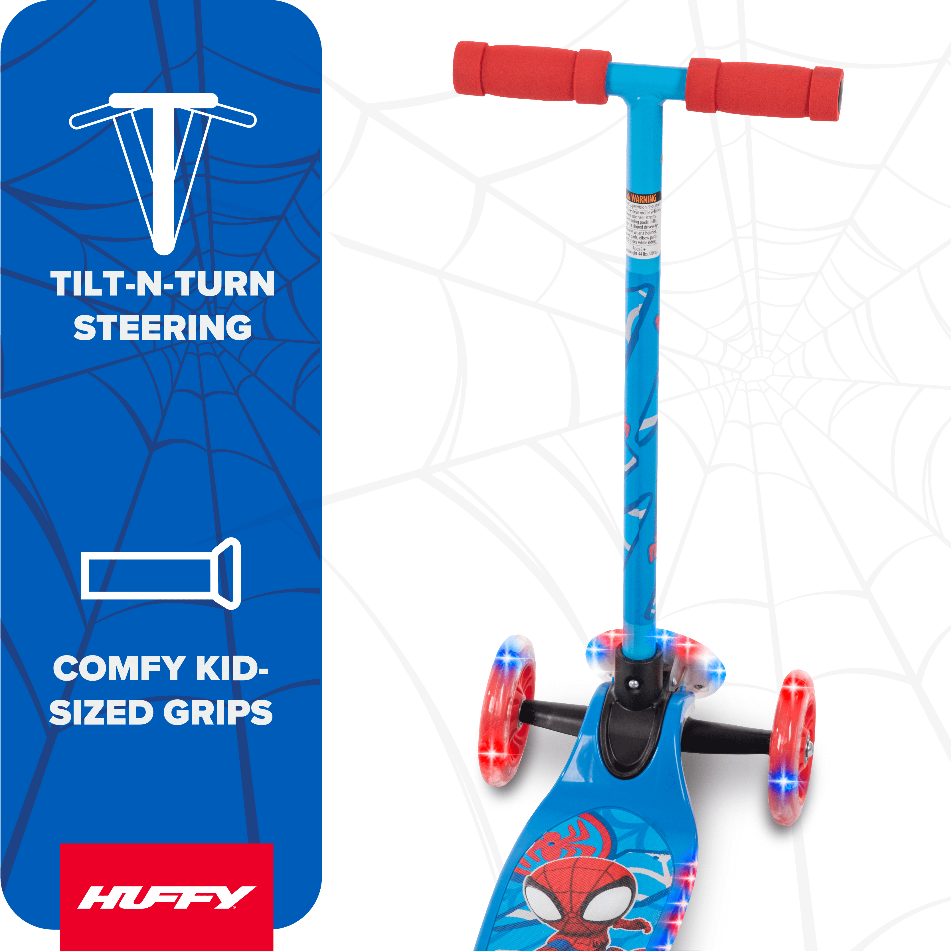 Huffy Marvel Spidey & His Amazing Friends Light-Up Toddler Scooter (Blue, 3-Wheel) 5vea2