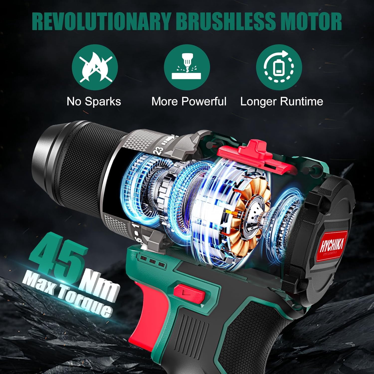 HYCHIKA Brushless Cordless Drill Driver Set with 53-Piece Accessory Kit, 16.8V Power Drill with 410 in-lb Torque, 3/8 in Keyless Chuck, LED Light (Green, 1 Battery) 2izte
