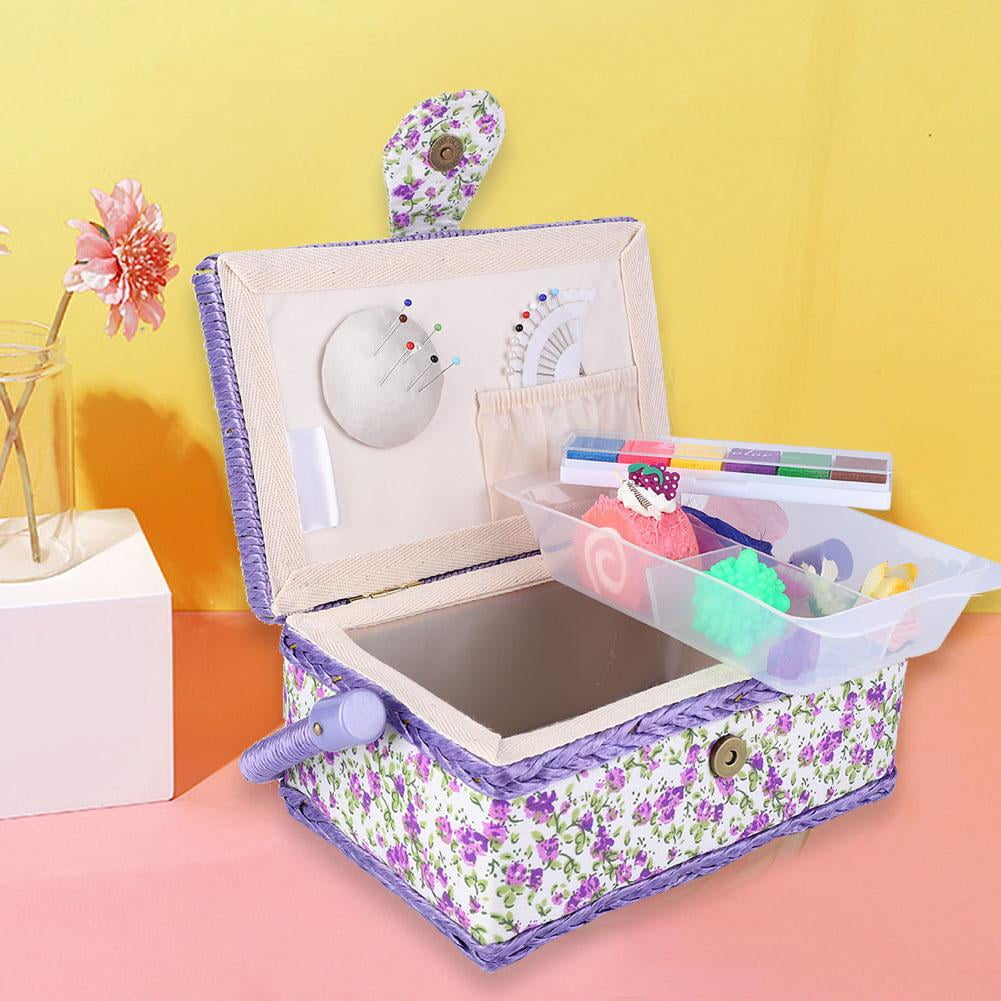 Tebru Sewing Basket Organizer with Handle, Double-Layer Storage Box for Thread and Needle (Purple Flower, 12 in x 9 in x 6 in) bo8la