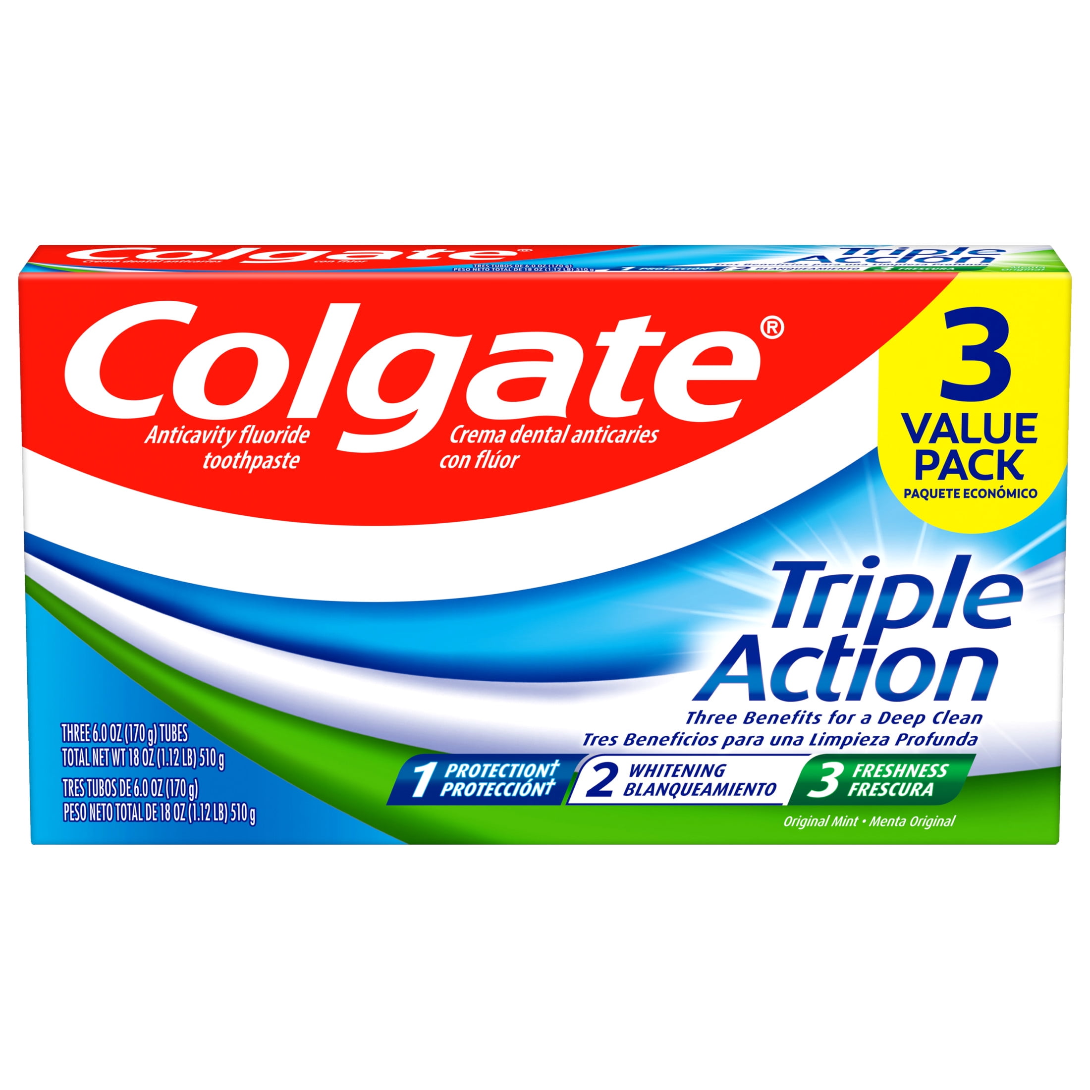 Colgate Triple Action Toothpaste, Cavity Protection and Whitening, Original Mint (6 oz, 3 Pack) o9via