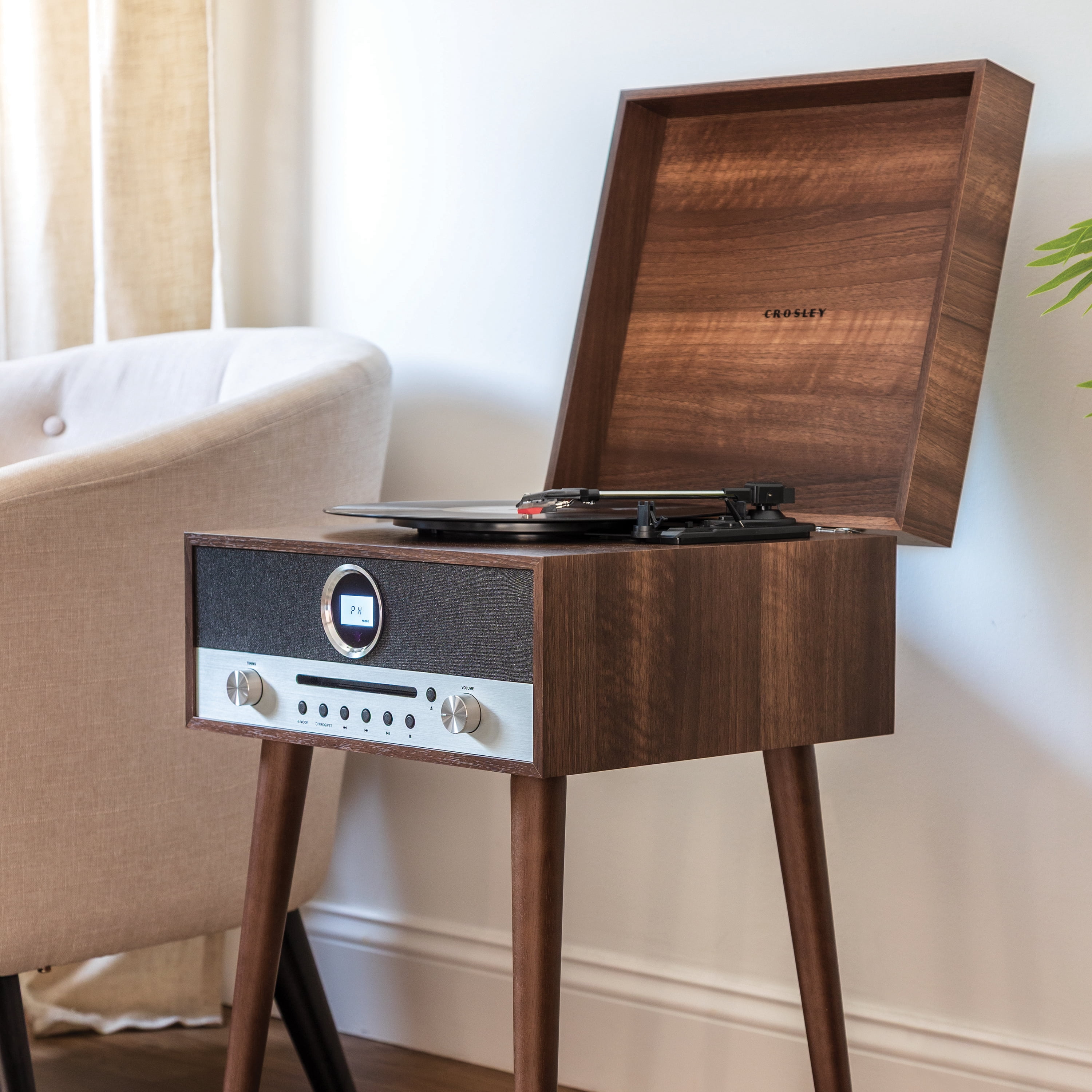 Crosley Nash 7-in-1 Record Player with Bluetooth (Wood, 17.5 in x 13.5 in x 9.5 in) 70vlu