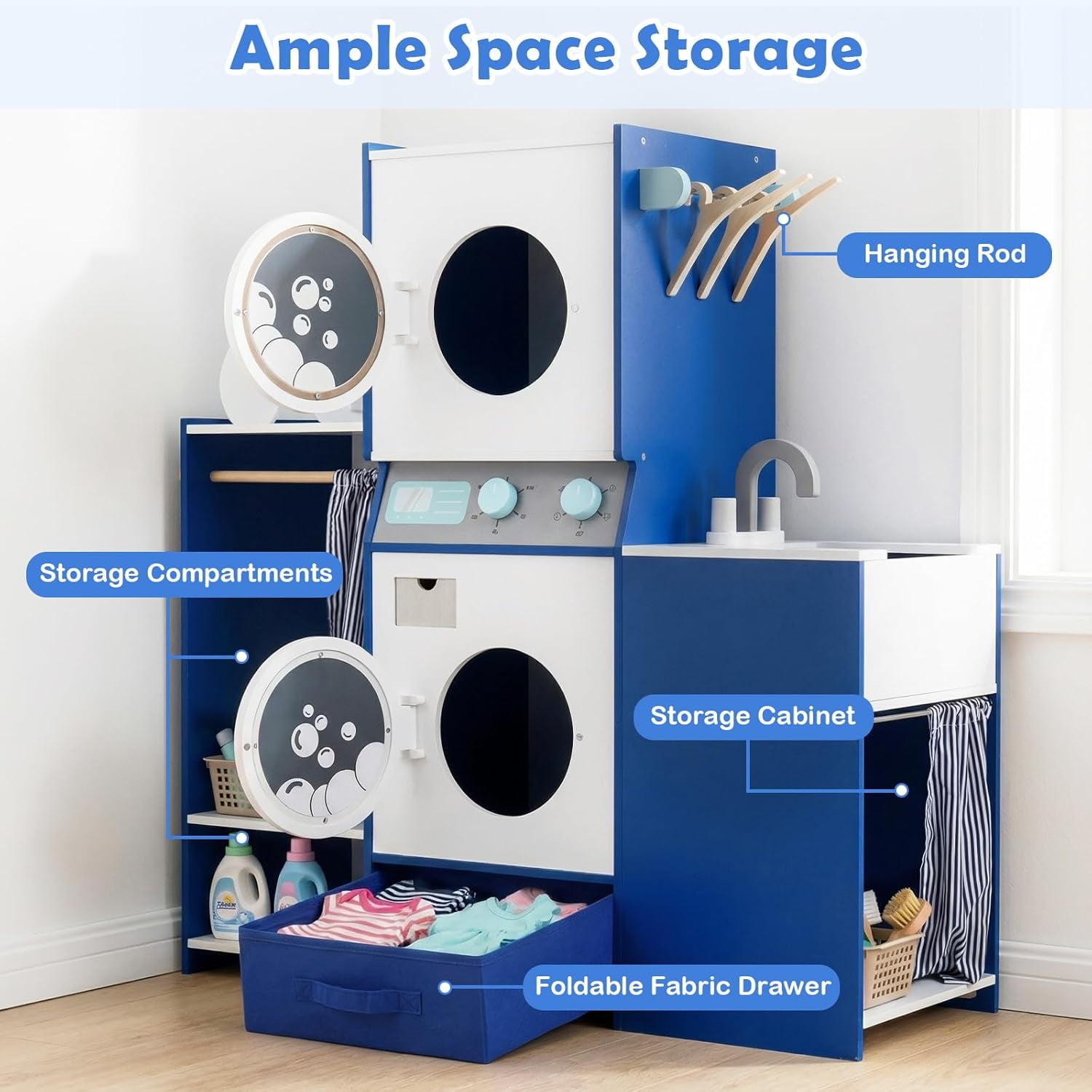 Olakids Kids Toy Washing Machine Playset, Wooden Pretend Laundry Center with Ironing Station and Accessories (Blue, 35 in x 12 in x 36 in) zg9cy