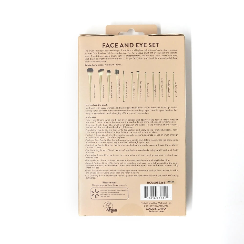 Walmart Professional Face & Eye Makeup Brush Set, Soft Synthetic Bristles (Gold, 12 Piece) hrpoa