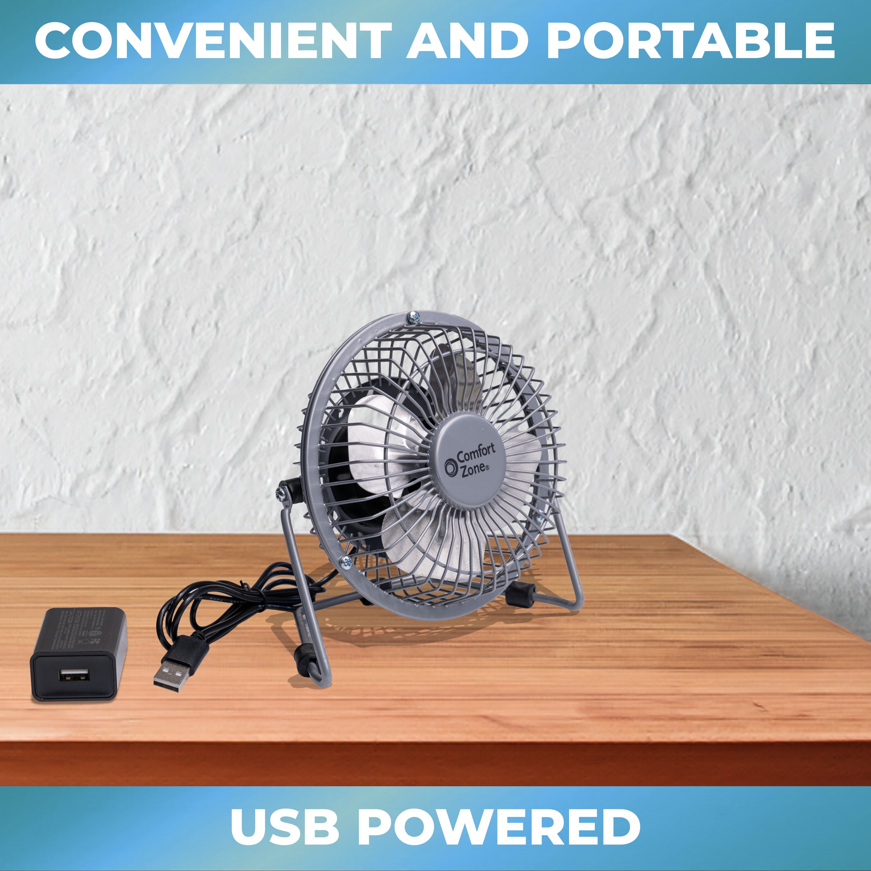 Comfort Zone 4 in Mini Portable Desk Fan, All-Metal, 360-Degree Adjustable Tilt, Dual Powered (Silver, 4 in) xp819