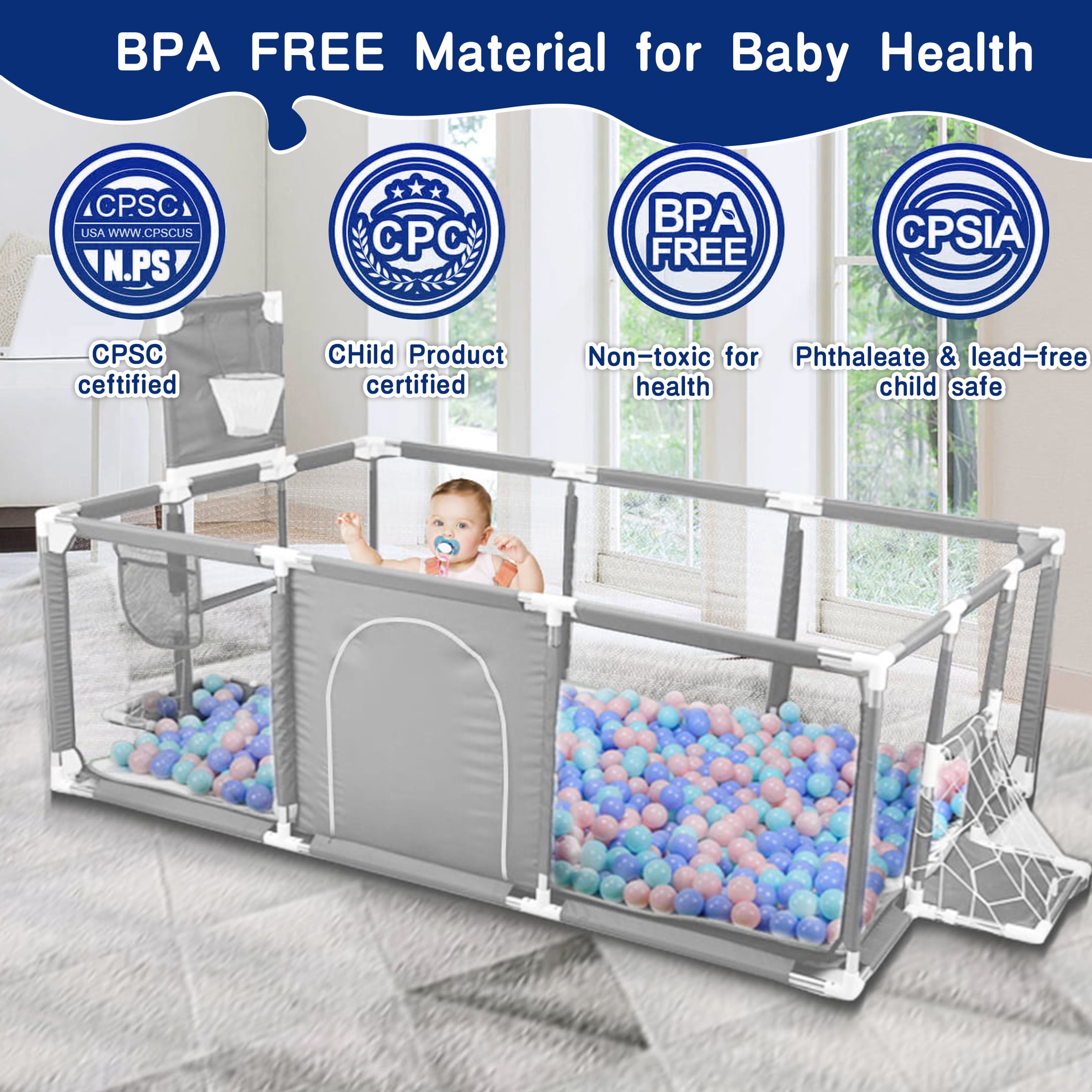 HioHa Extra Large Baby Playpen, Sturdy Indoor and Outdoor Safety Enclosure with Zippered Door (Grey, 71 in x 59 in) wt7wa
