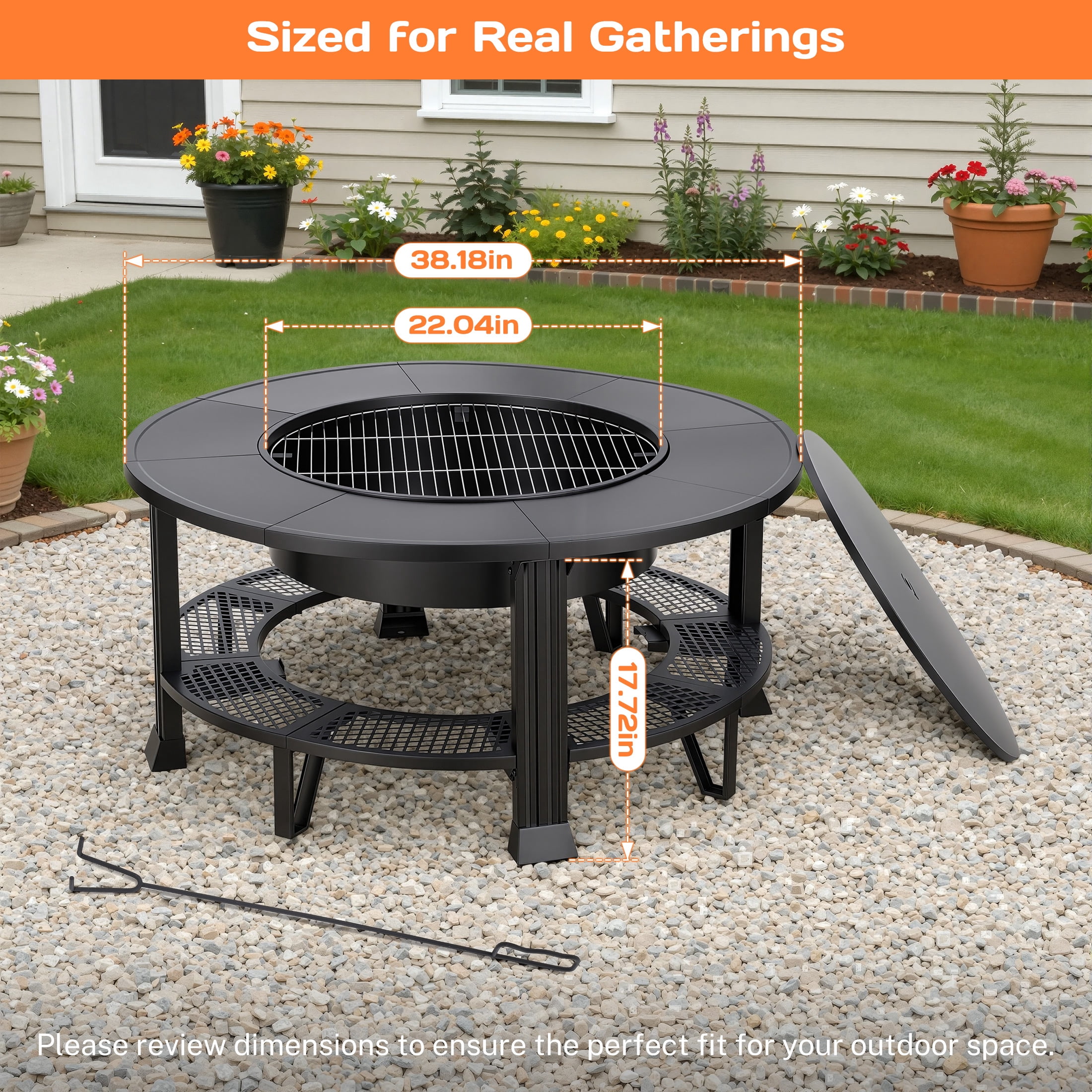 Segmart 38 in Round Wood Burning Fire Pit Table with Grill, Poker, and Waterproof Cover (Black, 38 in) ra8m1