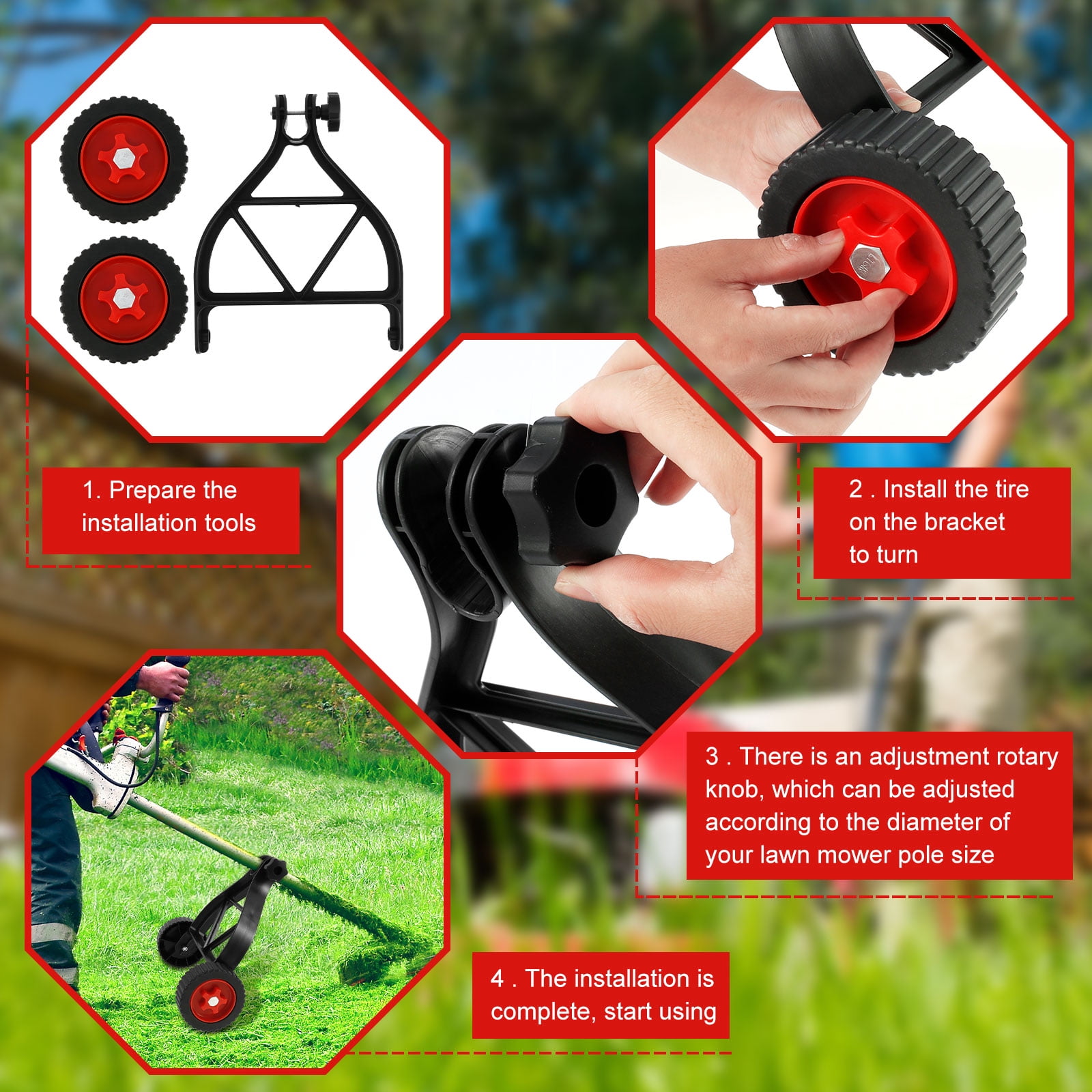 FUYGRCJ Adjustable Weed Trimmer Support Wheels for Lawn Mower (Universal Fit, 1.02 in - 1.10 in) fbpzu