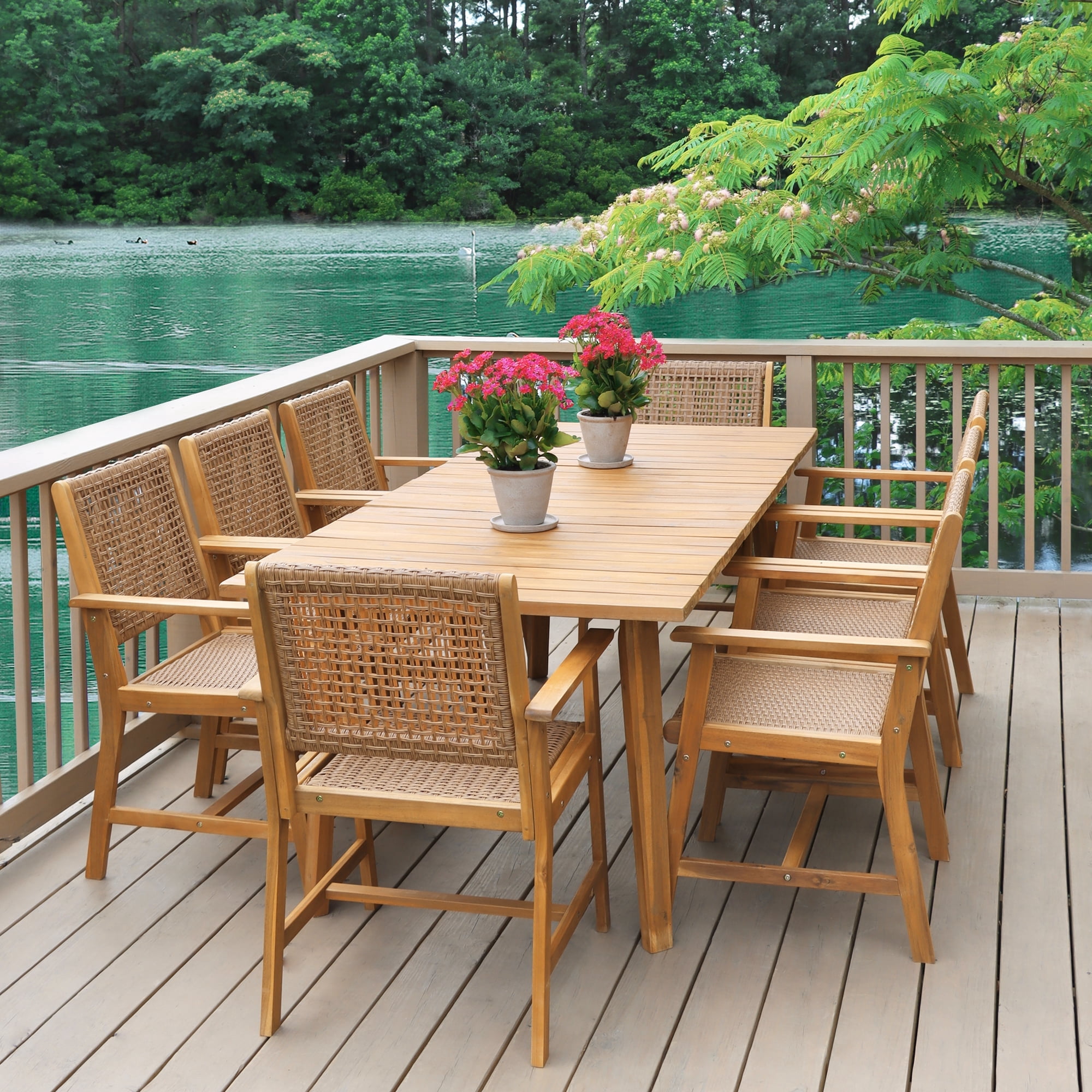 Summit Living 9-Piece Acacia Wood Outdoor Patio Dining Set with Rattan Chairs (Brown, 9-Piece Set) eric2