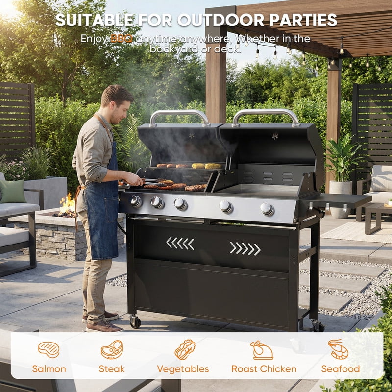 Patiobula 5-Burner Propane Gas Grill and Griddle Combo with Dual Stainless Steel Lids (Black, 64 in W) 1wq56