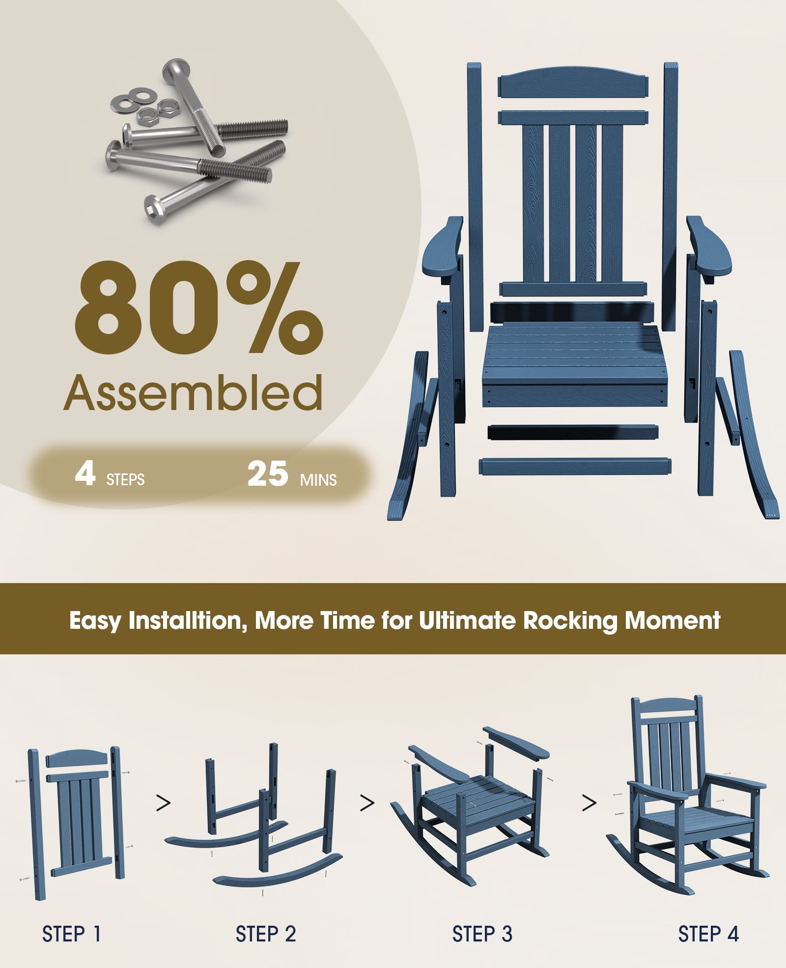 KINGYES Outdoor Rocking Chair, Weatherproof HDPE Patio Rocker for Deck Lawn Yard (Navy) evthg