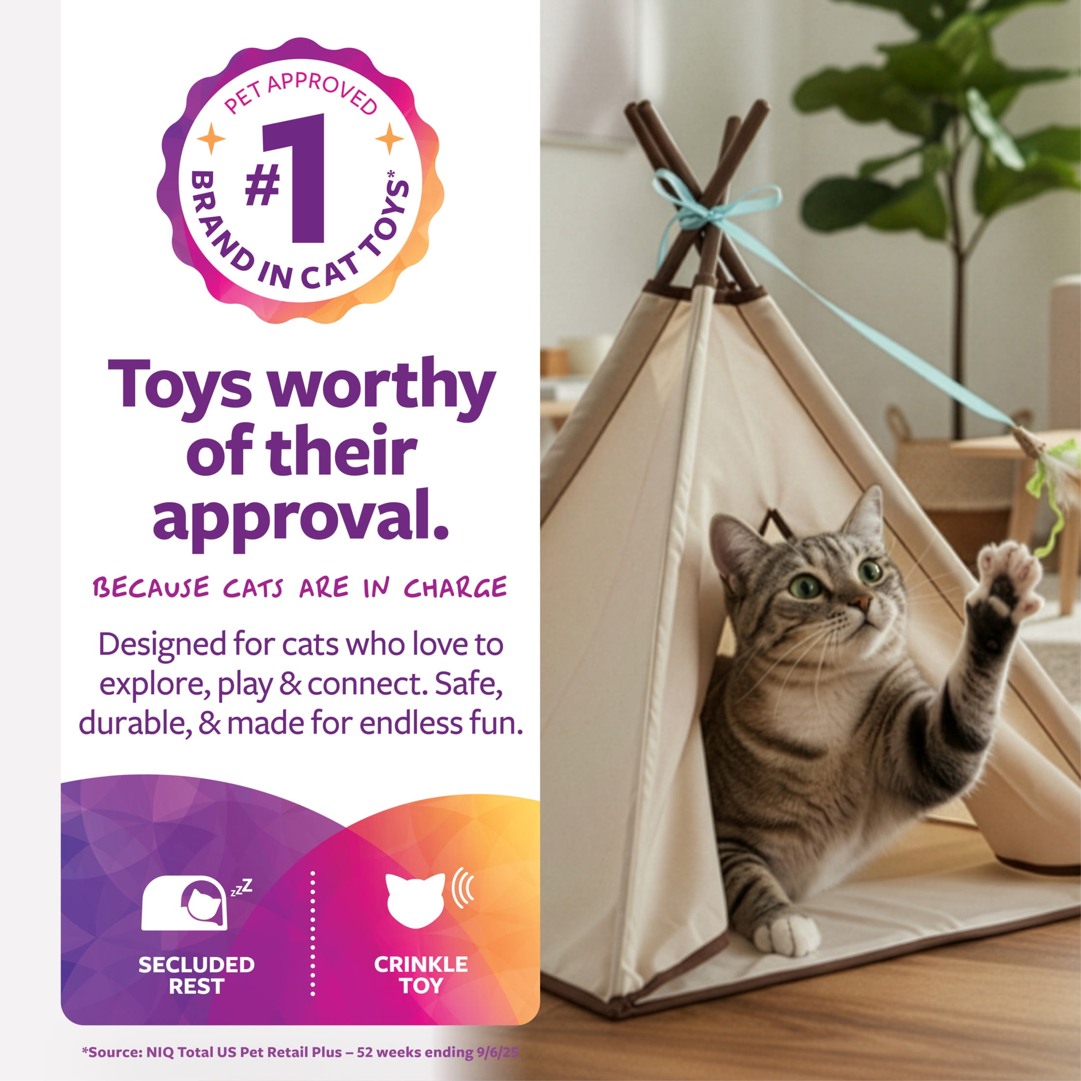 SmartyKat Kitty Camp Crinkle Cat Tent Hideaway with Detachable Dangling Feather Toy (Beige, 18 in x 18 in x 18 in) we4q5