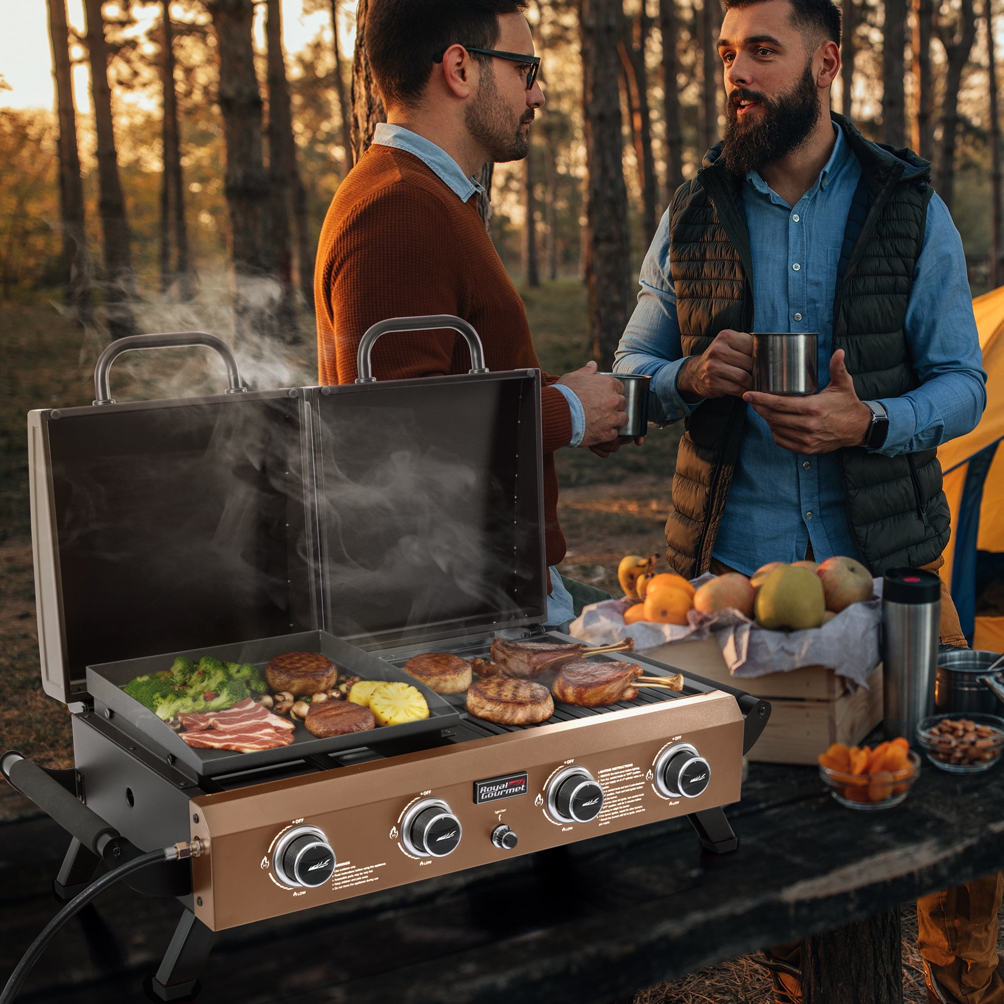 Royal Gourmet Portable Tabletop Grill & Griddle Combo with Hood, 40,000 BTU (Bronze Gold, 40.75 in x 20.28 in x 13.70 in) 0lg23