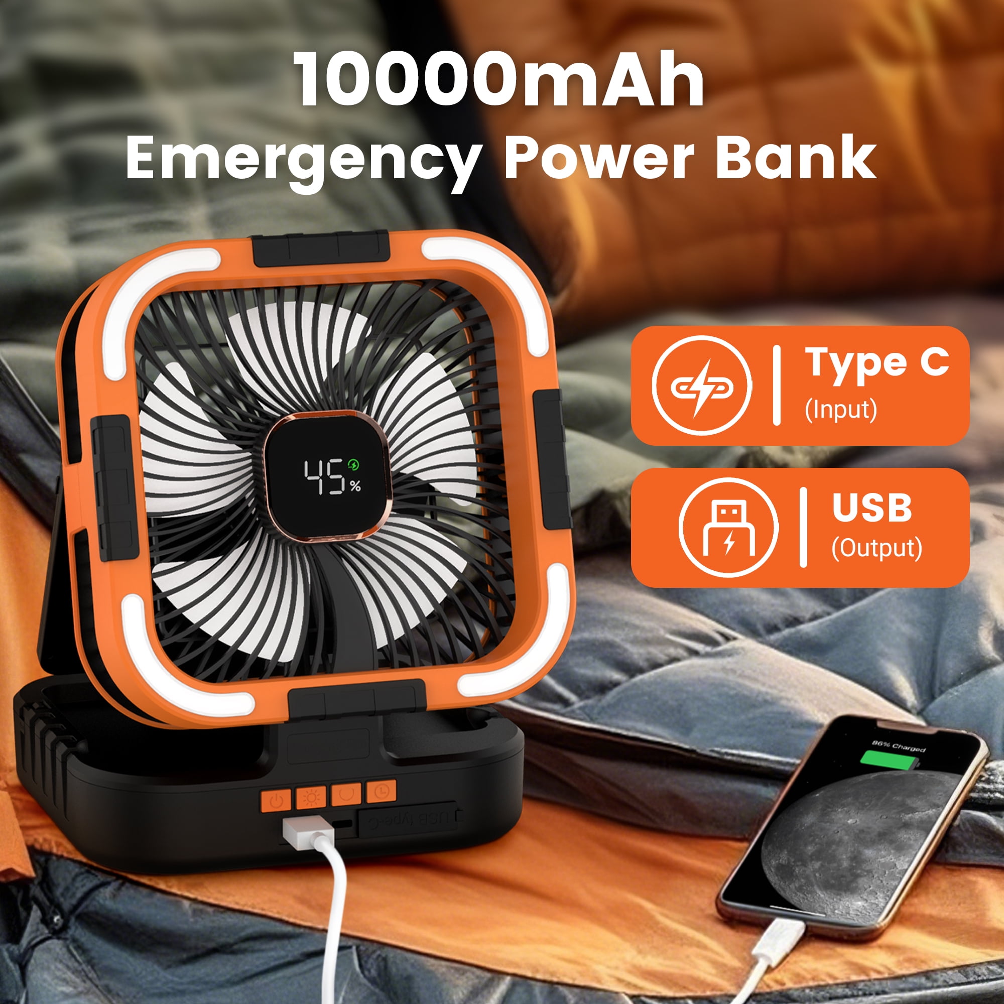 RUNACC Solar Camping Fan with LED Light, 10000mAh Rechargeable Portable Oscillating Fan (Orange, 10000mAh) 70k1h