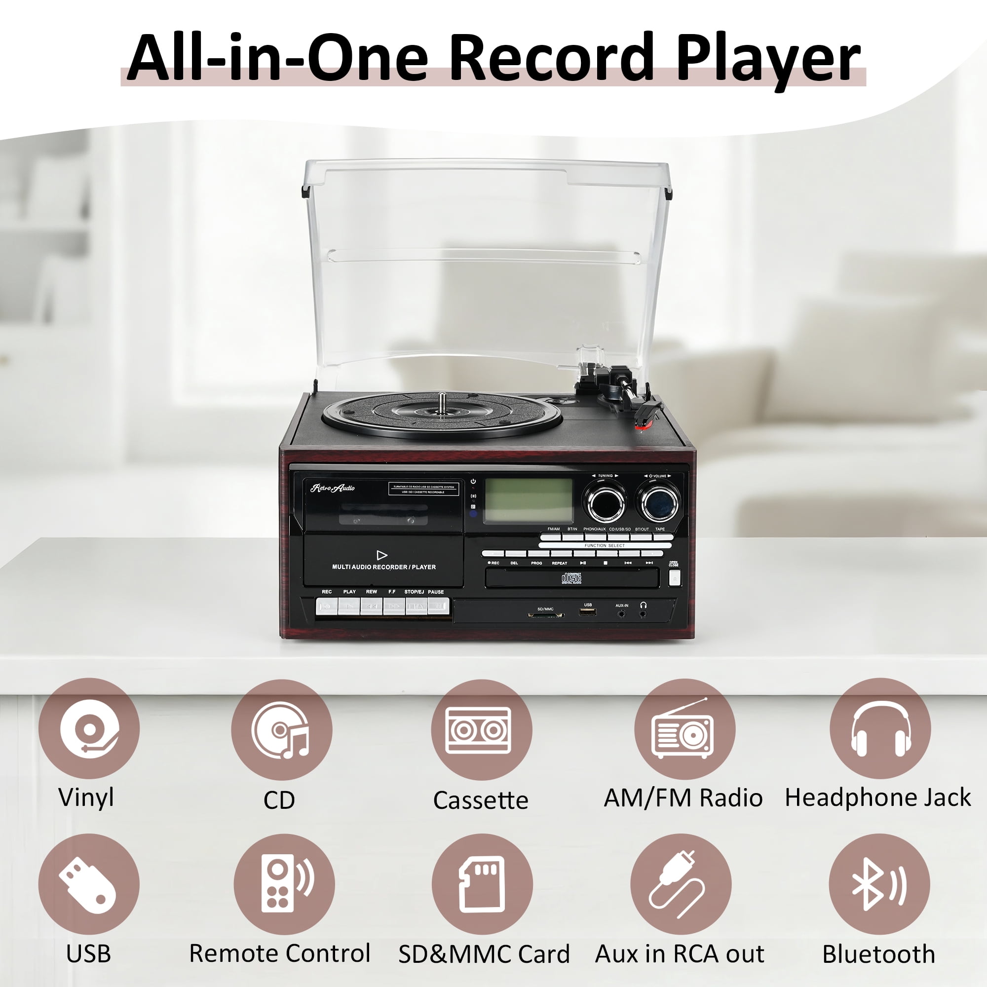 RetroAudio 10-in-1 Vintage Turntable System with Bluetooth, CD, Cassette, AM/FM Radio, and USB Recording (Red) 6i40e