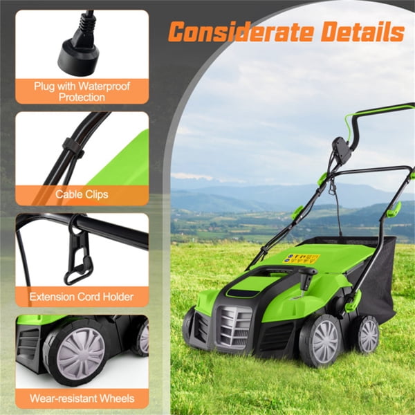 imerelez Corded Electric Lawn Dethatcher, 15 Amp Motor with 16-inch Cutting Width, Grass Collection Bag (Green, 14.5 gal) mrc0w