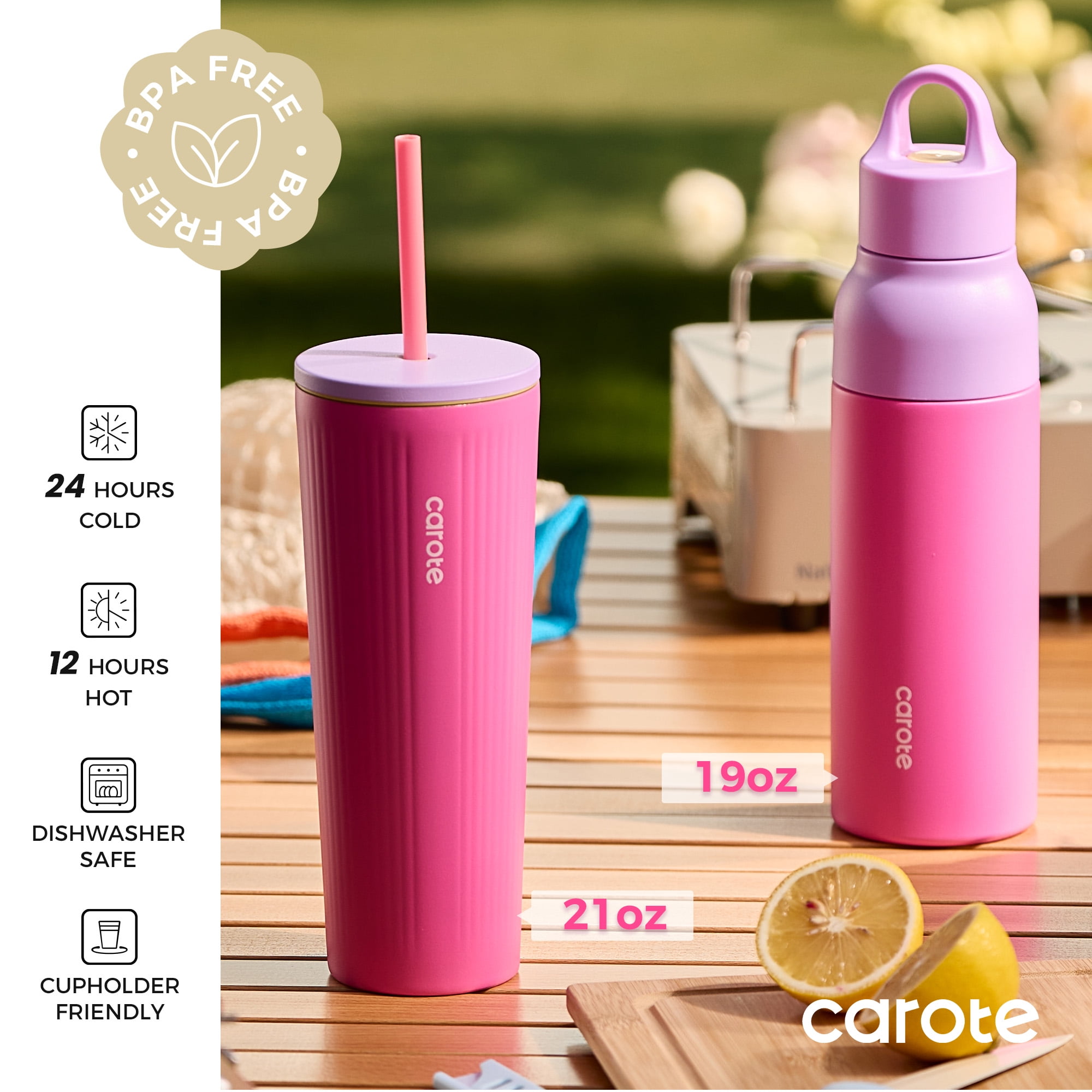 Carote Insulated Stainless Steel Water Cup Set, Double-Wall Vacuum Sealed, Leak-Proof Straw and Push Lid (Pink, 19 fl oz & 21 fl oz 2-Pack) qvsm3