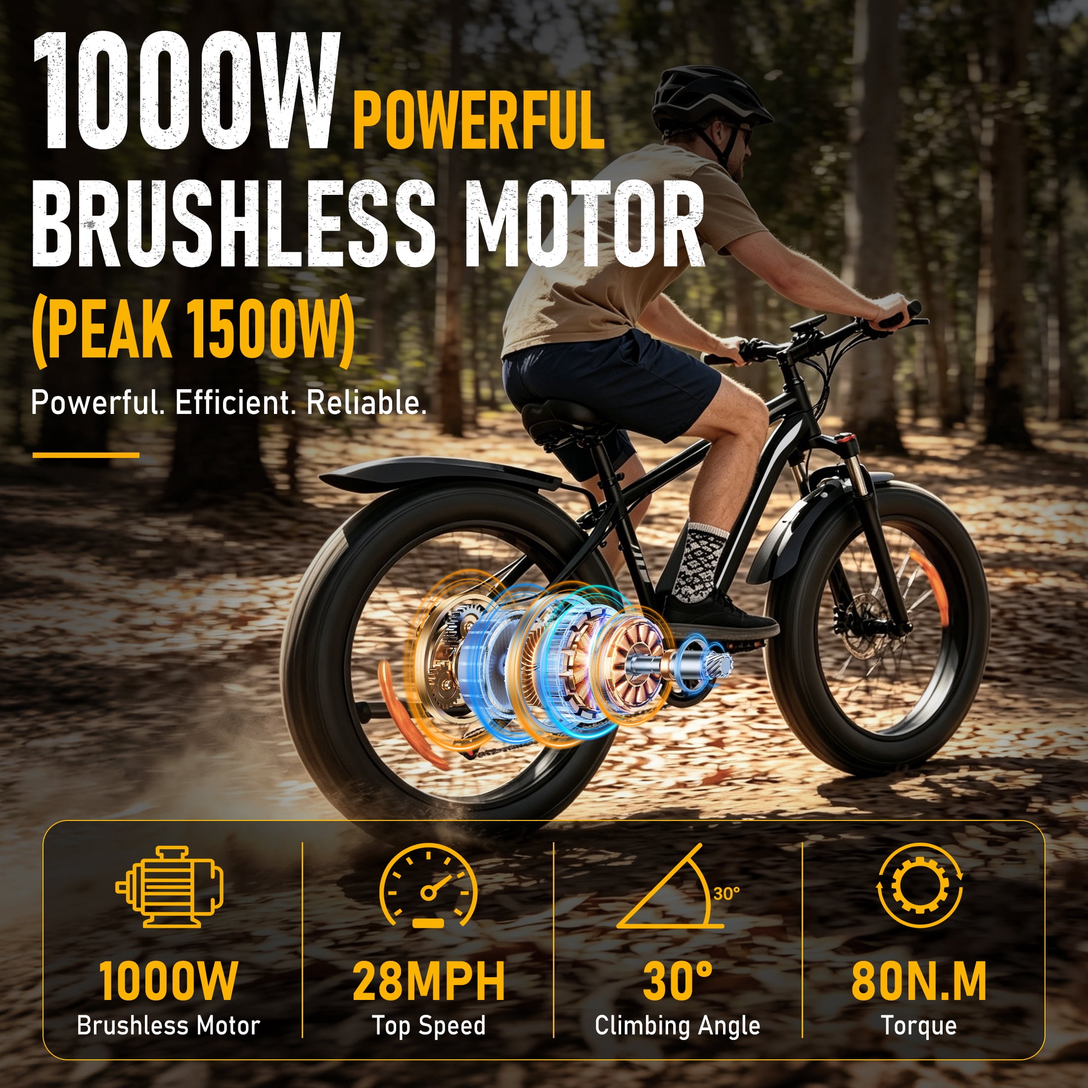 AMYET EB26 Electric Mountain Bike, 1500W Peak Motor, 26 in Fat Tire Ebike, 48V 15Ah Battery (Black, 26 in) pzb74