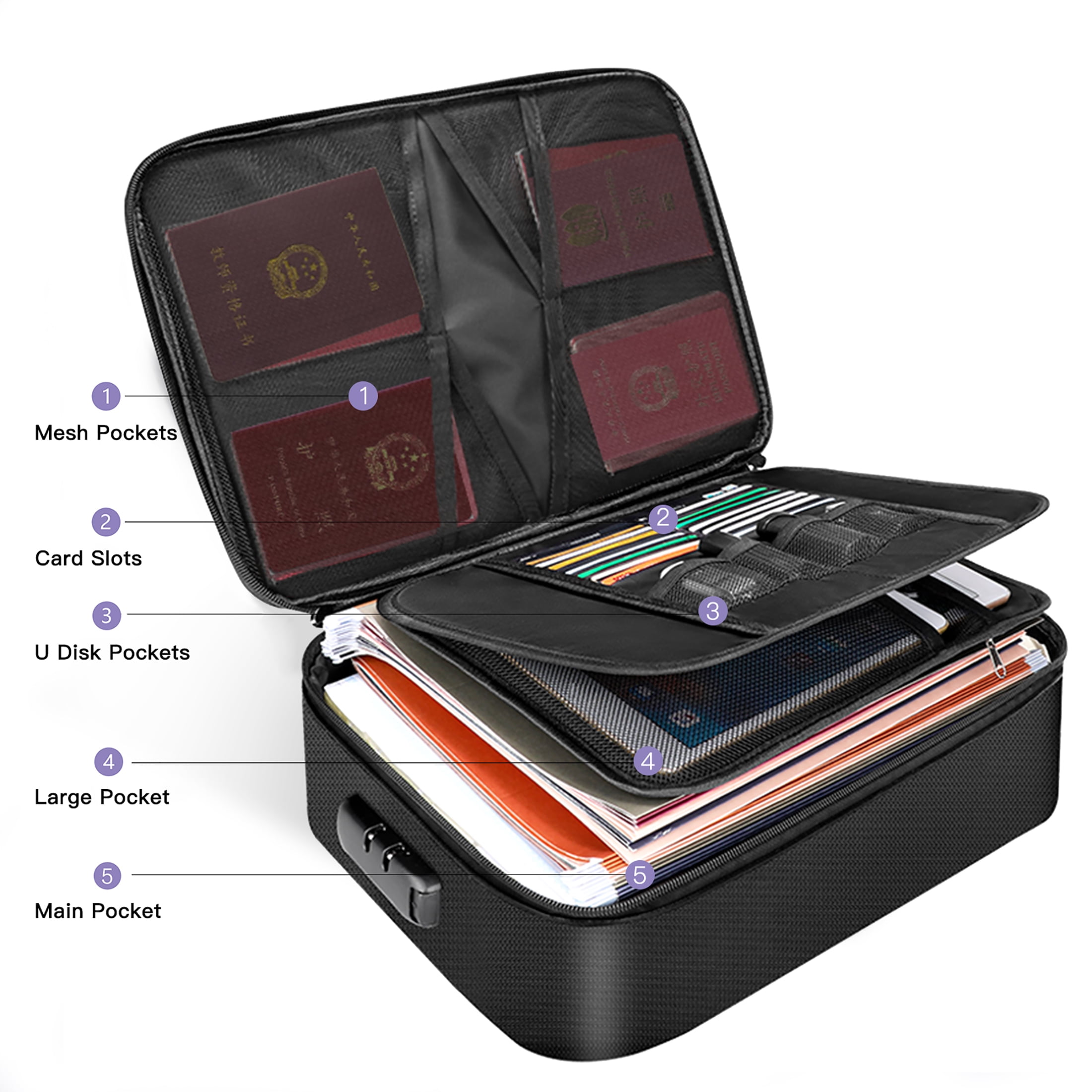 Mixfeer Fireproof Document Organizer Bag with Combination Lock (Black, 14.2 x 10.6 x 3.9 in) l3z61