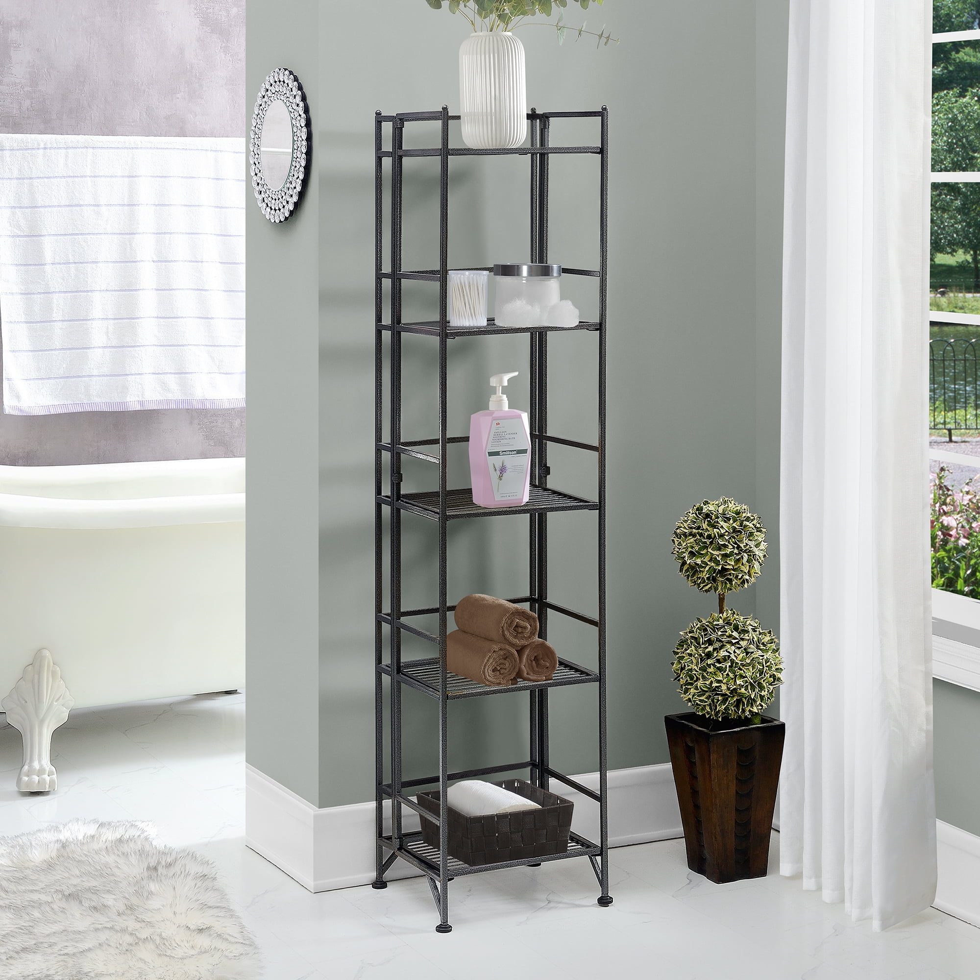 Convenience Concepts Xtra Storage 5 Tier Folding Metal Shelf, Heavy-Duty Organizer (Speckled Gray, 13 in x 11.25 in x 57.5 in) picrd